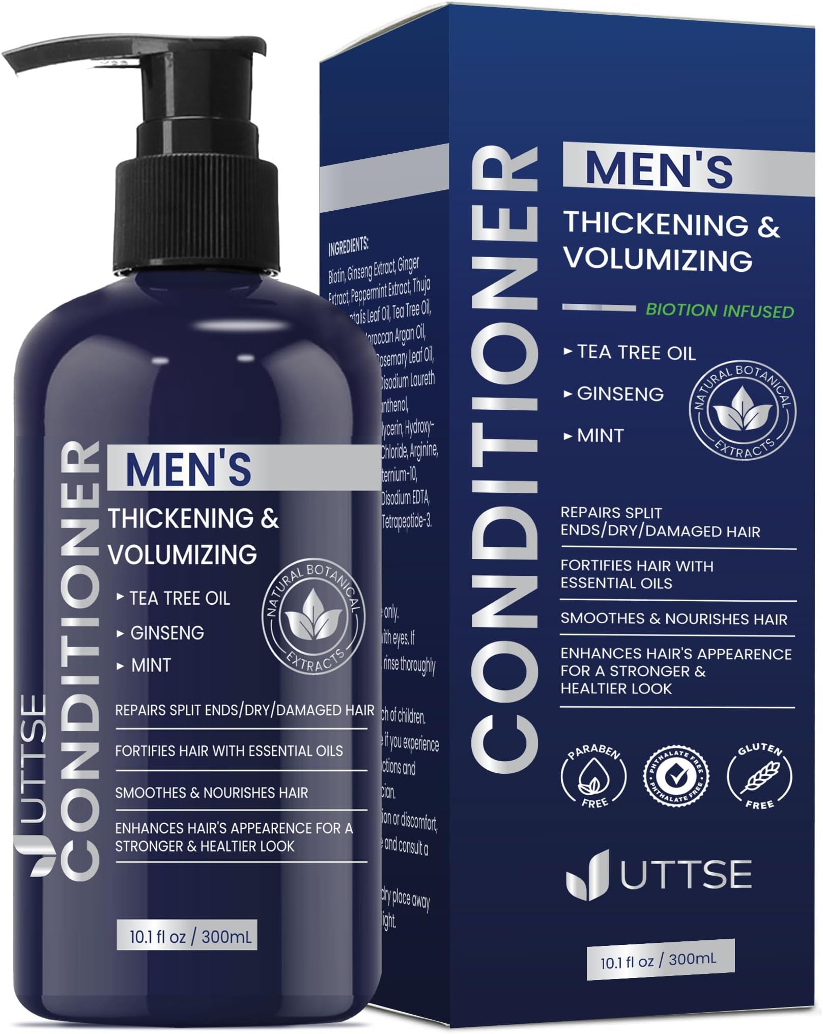 Uttse Biotin Hair Growth Conditioner for Men: Natural Thickening and Volumizing Conditioner with Tea Tree Oil Ginseng Mint for Hair Loss and Thinning Hair - 10.1 fl.oz, Dark Blue