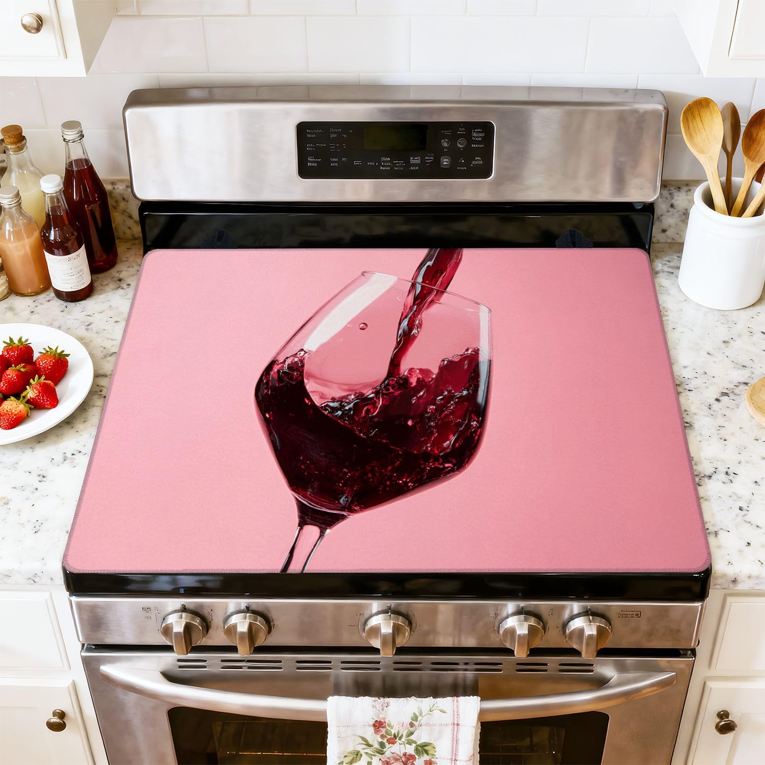 Stove Top Cover for Electric Stove French dry red wine pours into glass trendy pink Heat Resistant Glass Cooktop Protector Flat Top Oven Cover Mat Prevent Scratching 28" x 20"
