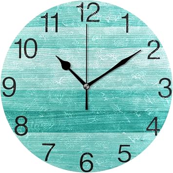 senya Teal Turquoise Green Wood Round Wall Clock, Silent Non Ticking Oil Painting Decorative for Home Office School Clock Art
