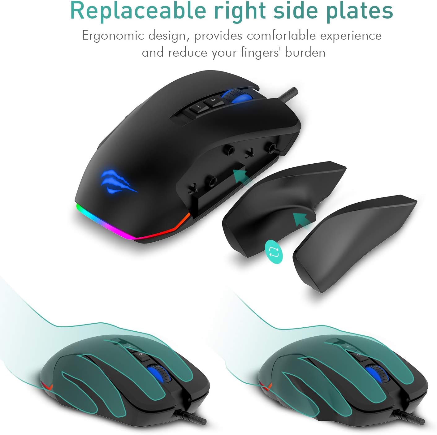 Havit Gaming Mouse Computer Ergonomic Wired Mice with 14 Programmable Buttons Interchangeable Side Plates (8 Buttons/ 8+6 Side Buttons), 2 Replaceable Right Plates for Laptop PC Gamer