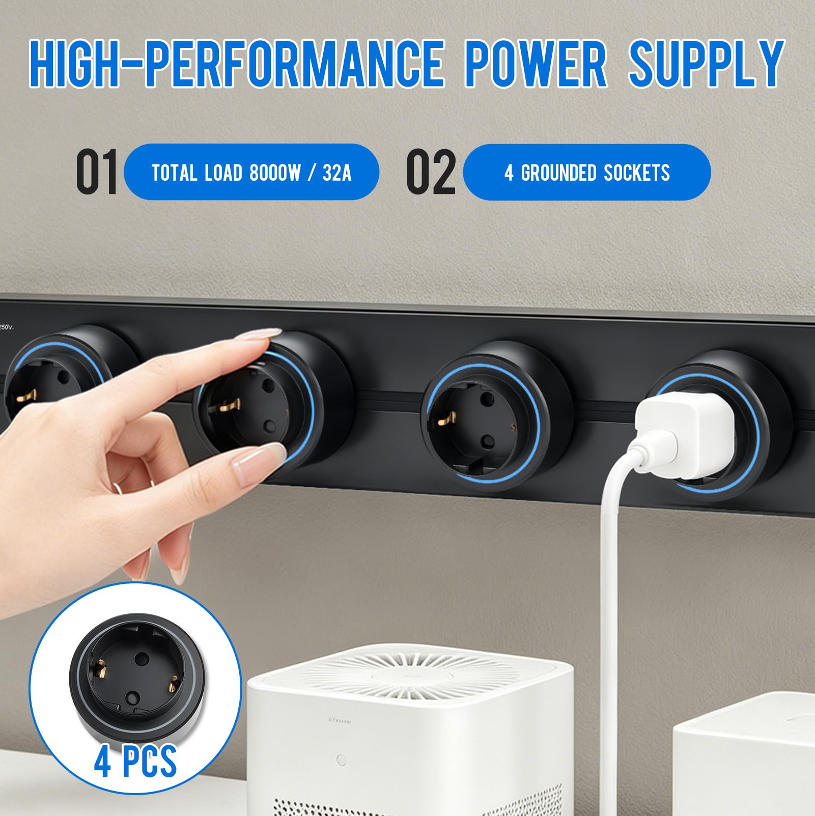 Binario Elettrico Modulare a Parete, Multipresa con 4 Prese Schuko e 2 Porte USB,Estensibile 47-67 cm, Protezione da Sovratensioni 1800J, Installazione Senza Foratura per Soggiorno, Cucina, Ufficio