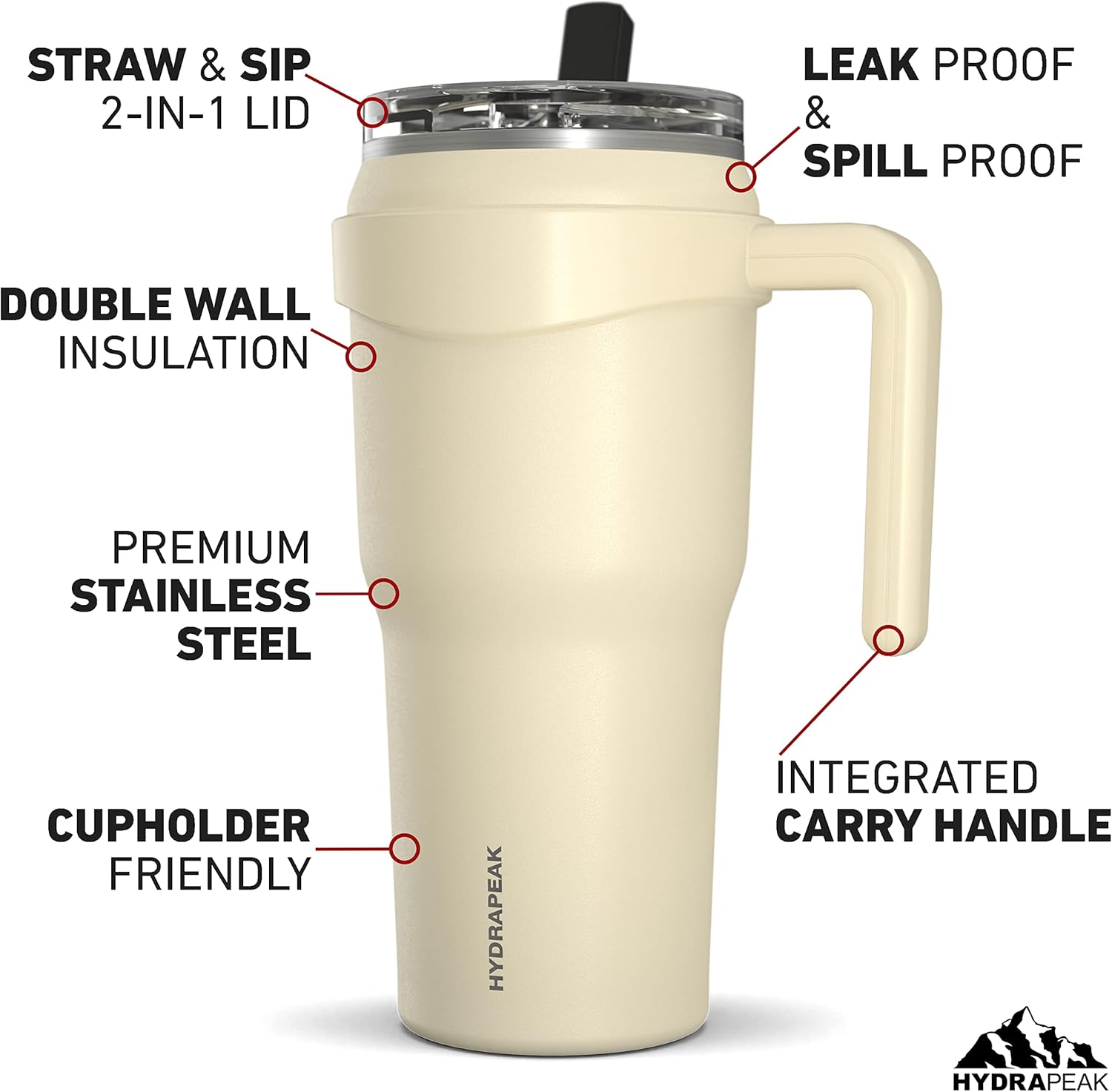Hydrapeak Roadster 40oz Stainless Steel Tumbler Double Wall Vacuum Insulated Water Bottle With Handle And 2 in 1 Straw Lid (Modern Cream) - Image 2