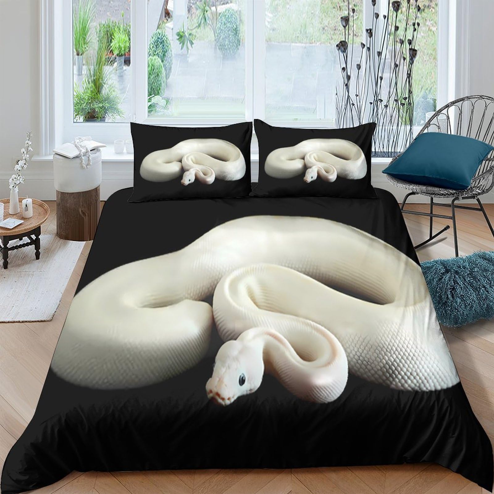 Ctjqhvkz Style-10 3D Printed White Python Fitted Sheet Microfiber Soft Snake Pattern Bed Cover Non-Slip Bedroom Decor Easy Care Single（135X200cm）