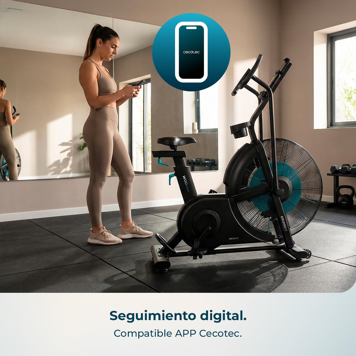 Cecotec Bicicleta de Aire Drumfit WOD Rider Ultimate. Ventilador 679.5mm, Pedaleo Bidireccional, Sistema de Doble Correa, Pantalla LCD HD, Compatible APP Mambo, hasta 150kg y 190cm de Altura