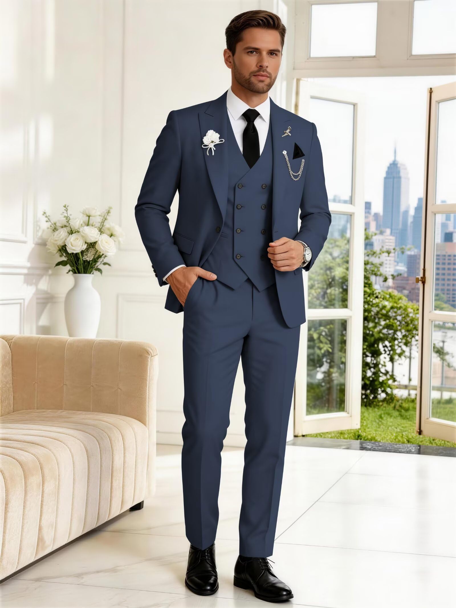 Wangyue Traje de 3 Piezas para Hombre, Corte Ajustado, Traje Formal de Doble Botonadura para Bodas, Bailes, cenas