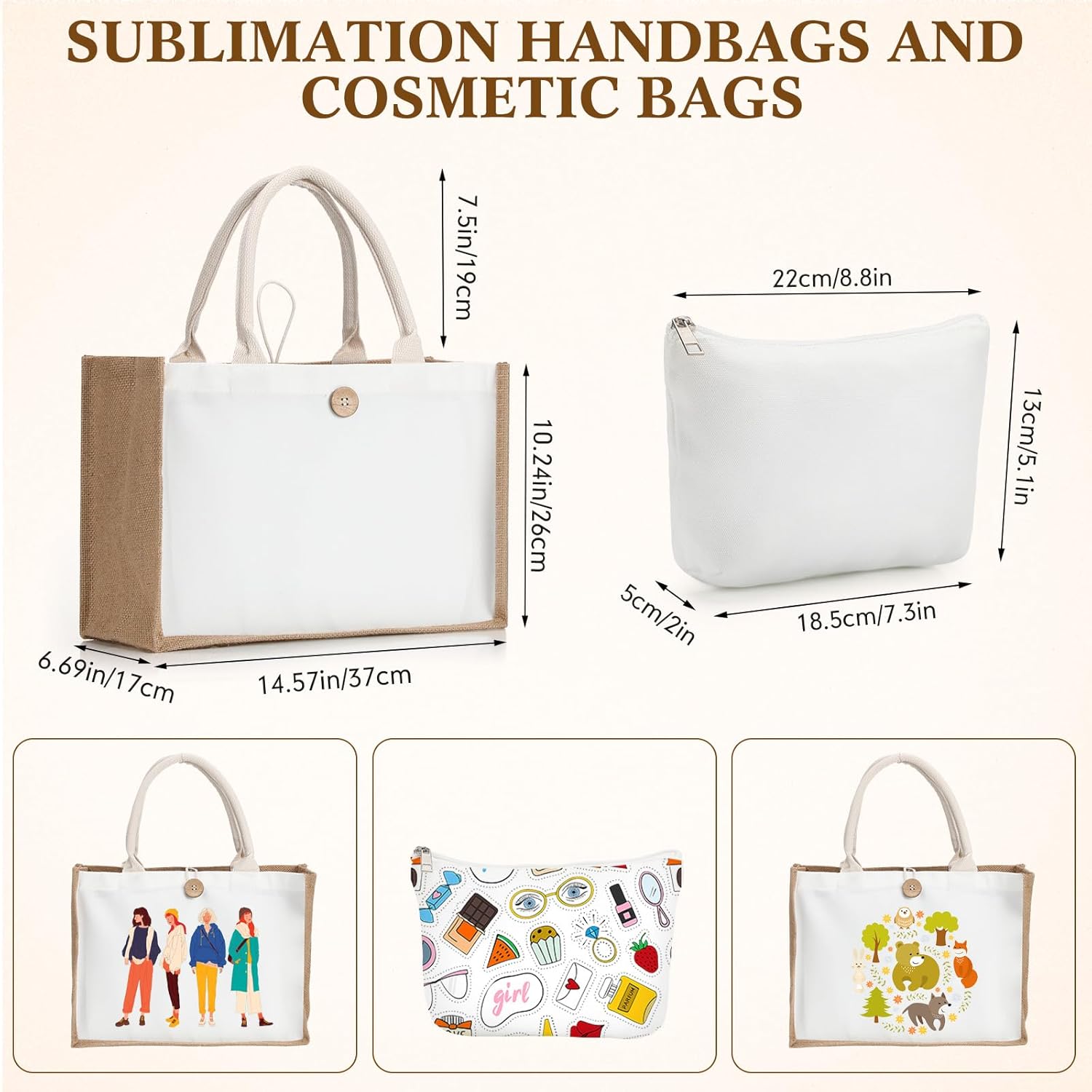 12 Pcs Sublimation Blank Tote and Makeup Bags Set, Reusable Canvas Polyester Tote Bags for DIY Burlap Gift - Image 2