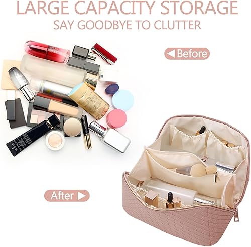 Miniatura 10 de BAKLUCK Bolsa de maquillaje de gran capacidad, bolsa de cosméticos de viaje con compartimento, impermeable, bolsa de maquillaje de piel sintética,