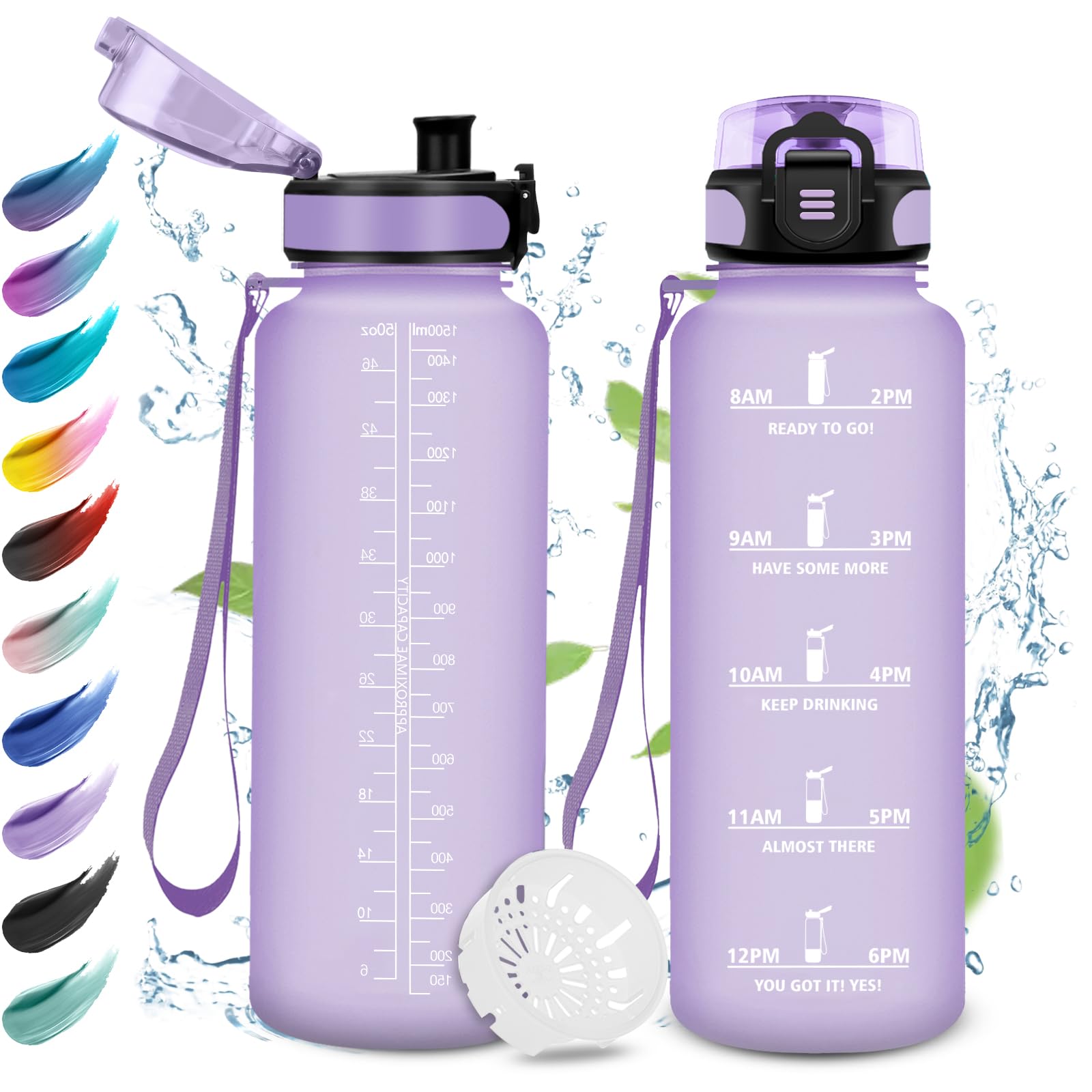 KollyKolla 1.5L Gym Water Bottle with Filter, Easy Open, Reusable Bottle, Sports Water Bottle with Motivational Time Indicator, Water Bottles for Gym, Camping, Travel