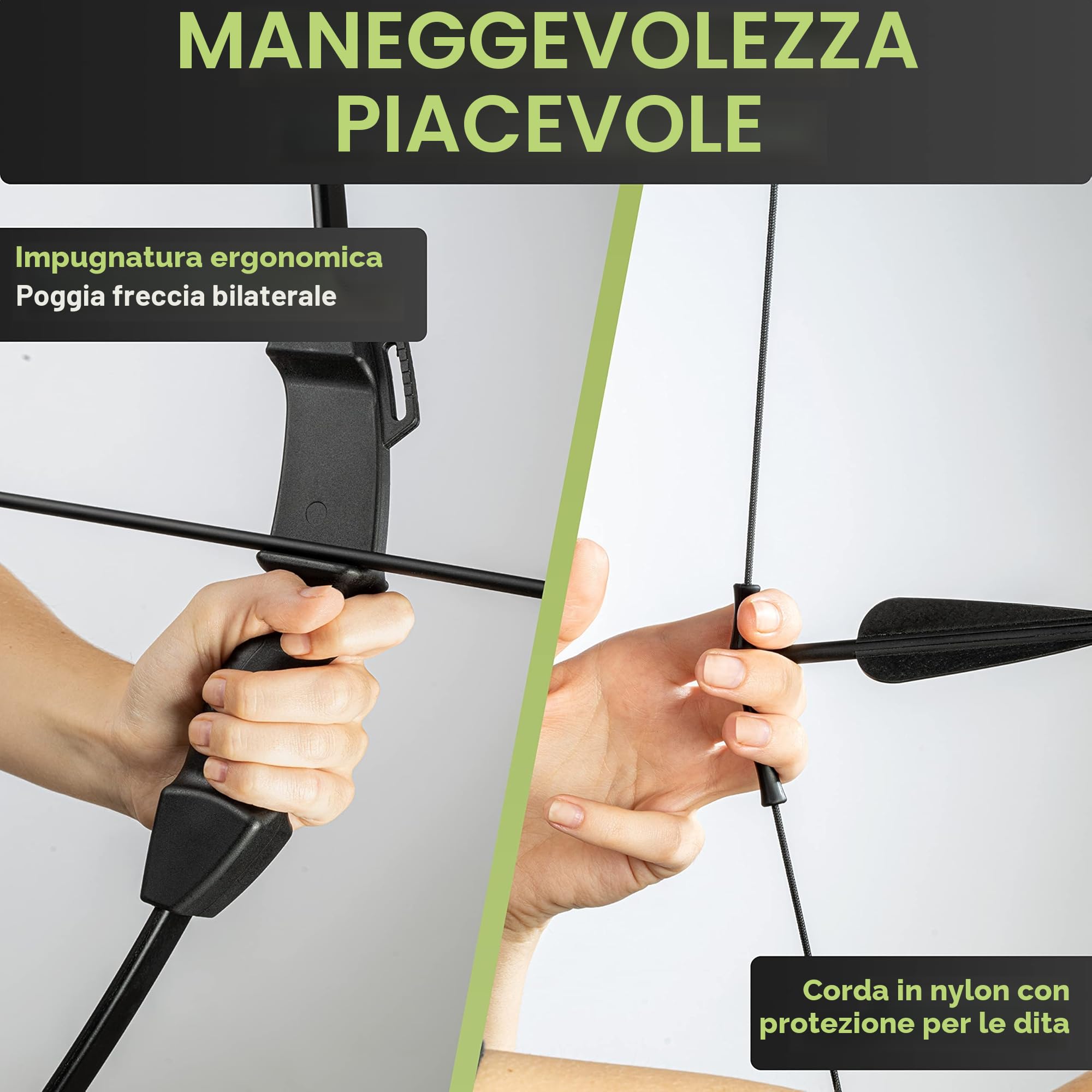 BOWRILLA® Set Arco e frecce per bambini | Arco sportivo per principianti con 6 frecce, ideale per bambini e ragazzi dagli 8 ai 15 anni | Arco per bambini ricurvo a 3 pezzi per destri e mancini