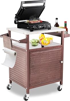 Outdoor Pizza Oven Table,Outdoor Table with Waterproof Cover, Movable Pizza Oven Stand Tables Brown