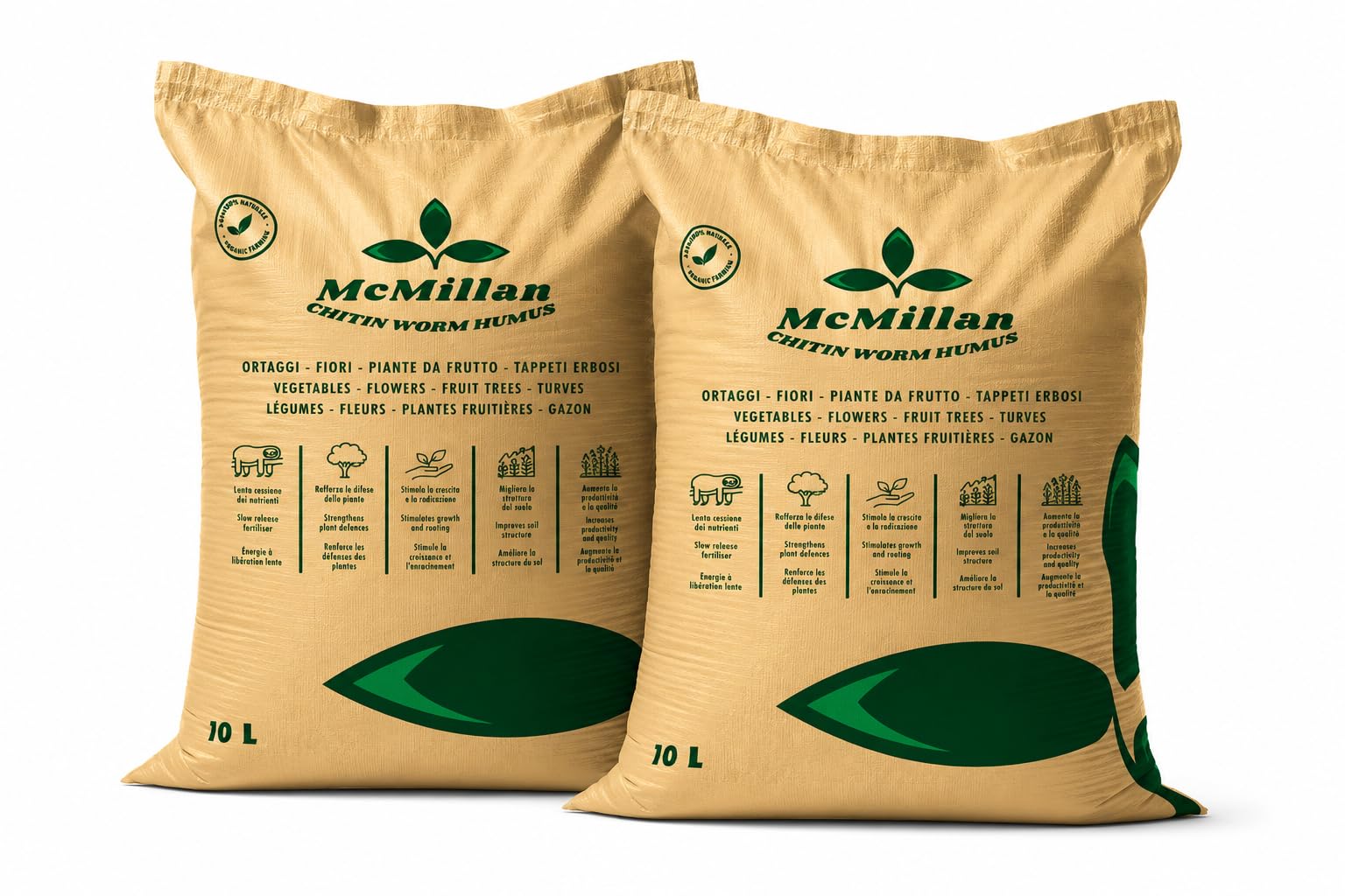 McMillan Worm Humus 10L | 2 sacos | Abono natural con quitina, aumenta la productividad y las defensas de las plantas. Fertilizante orgánico multiusos, autorizado en agricultura ecológica