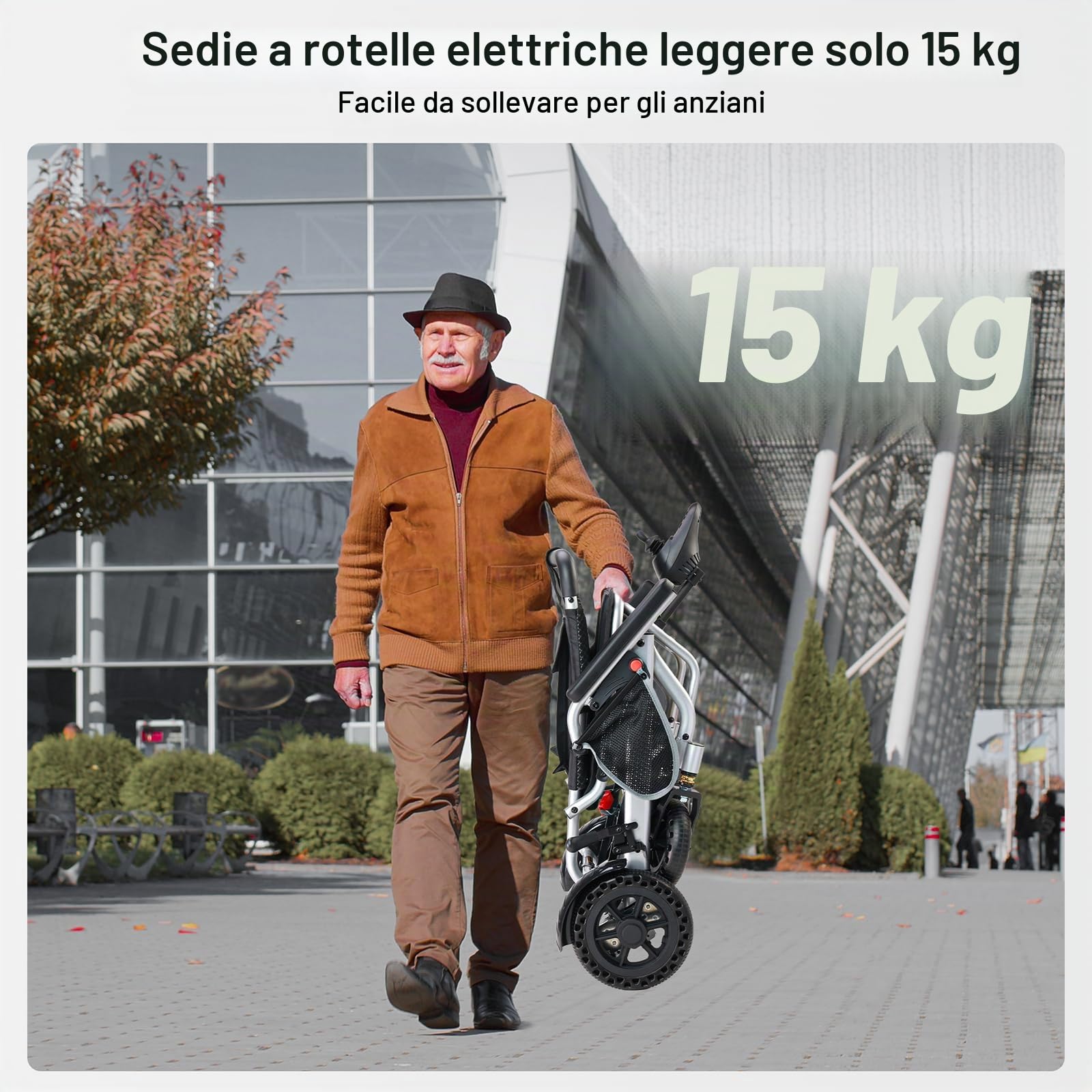 Sedie a rotelle elettriche leggere da 15 kg per adulti — Supporta fino a 150 kg, autonomia di 24 km e adatta per viaggi in aereo — Motore da 360 W per uso in casa, all'aperto e in viaggio, Argento