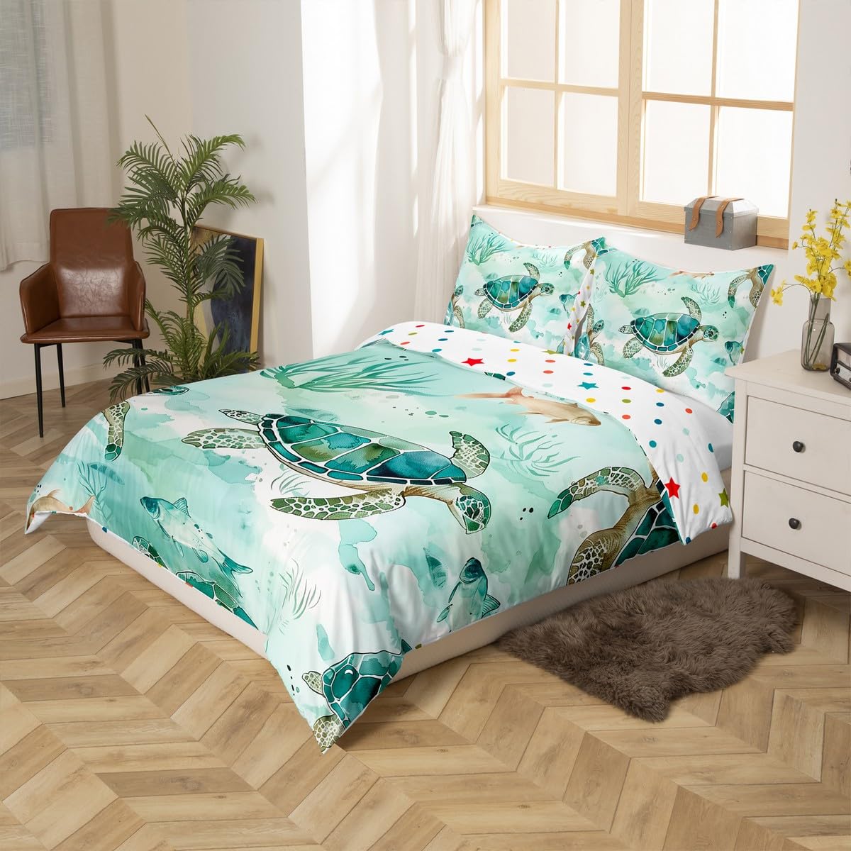 Castle Fairy Sea Turtle Toddler Duvet Cover 2 Pcs,Watercolor Green Plants Tie Dye Decor Bedding Sets for Kids Teens Adults,Wild Sealife Fish Ocean Theme Quilt Cover with 1 Pillowcase,No Comforter