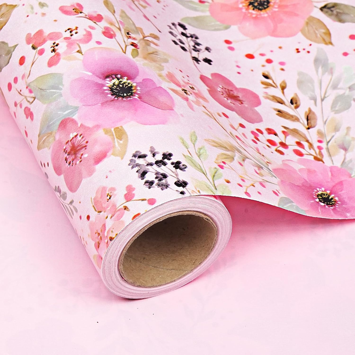 Ulmasinn Pink Floral Wrapping Paper Roll, Reversible Watercolor Flower Gift Wrap, 17in x 16.4ft Thick Wrapping Paper for Mother's Day, Birthday, Wedding, Bridal Shower, Baby Shower, Spring Gifts for Women Girls