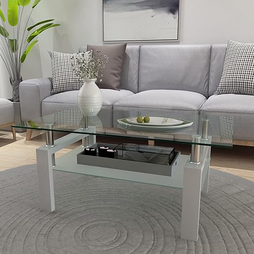 Miniatura 5 de IANIYA Glass Coffee Table Metal Tube Glass Coffee Table for Livingroom (Modern Time, White)