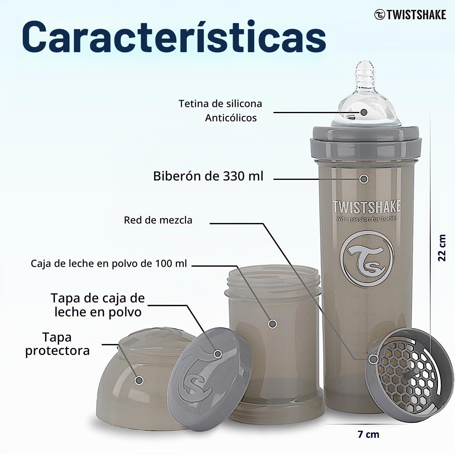 Twistshake 2x Biberón Anticólico Con Contenedor De Leche En Polvo Y Mezclador - 330ml | Tetina De Silicona De Flujo Rápido | Biberón Sin BPA | 4+ Meses | Gris