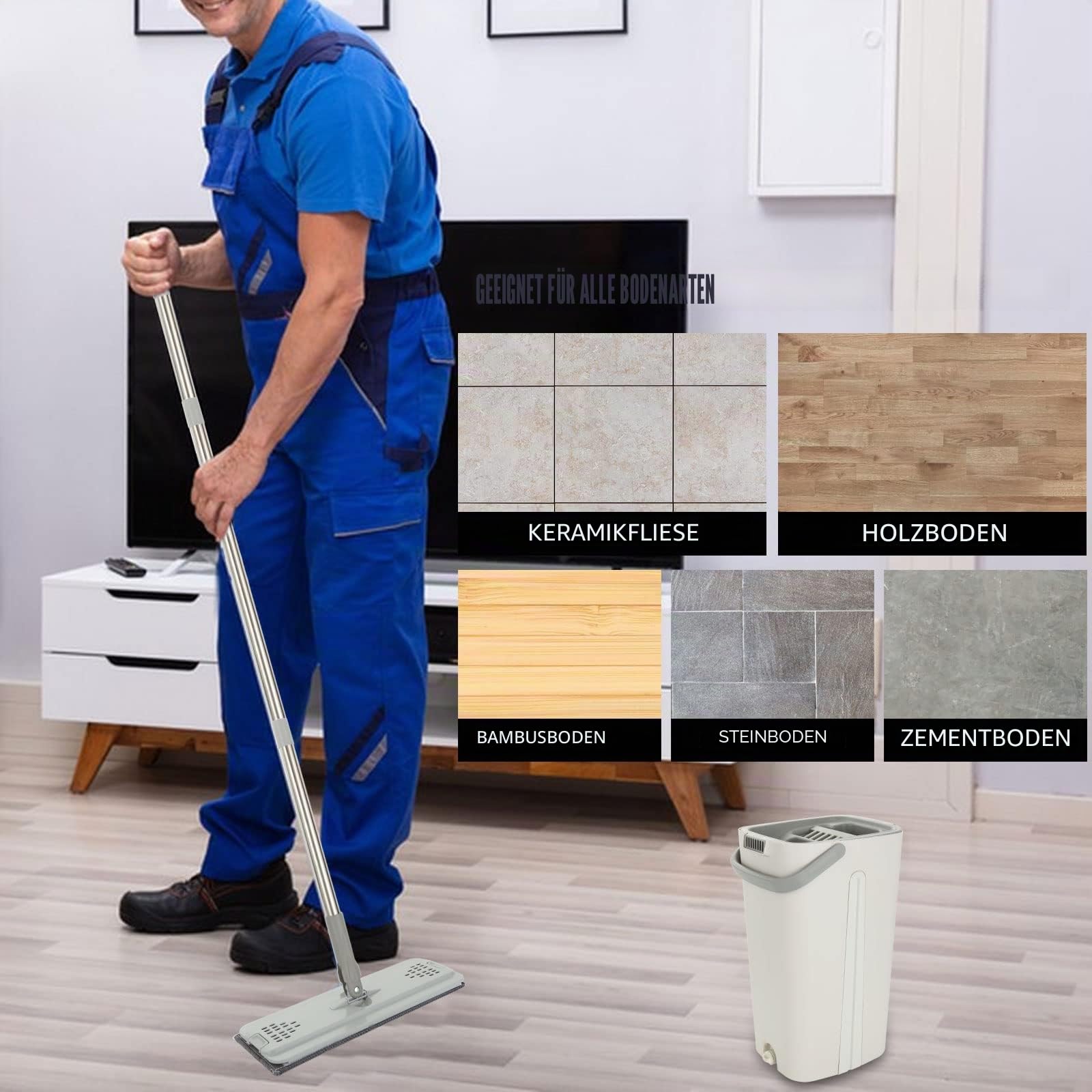 ASelected Wischmopp Set mit Eimer, Bodenwischer Set, Putzeimer mit Wischmop mit 10 Wiederverwendbaren Mikrofaser-Mopp-Pads und 123 cm Langem Griff für Fliesen, Marmor, Hartholz