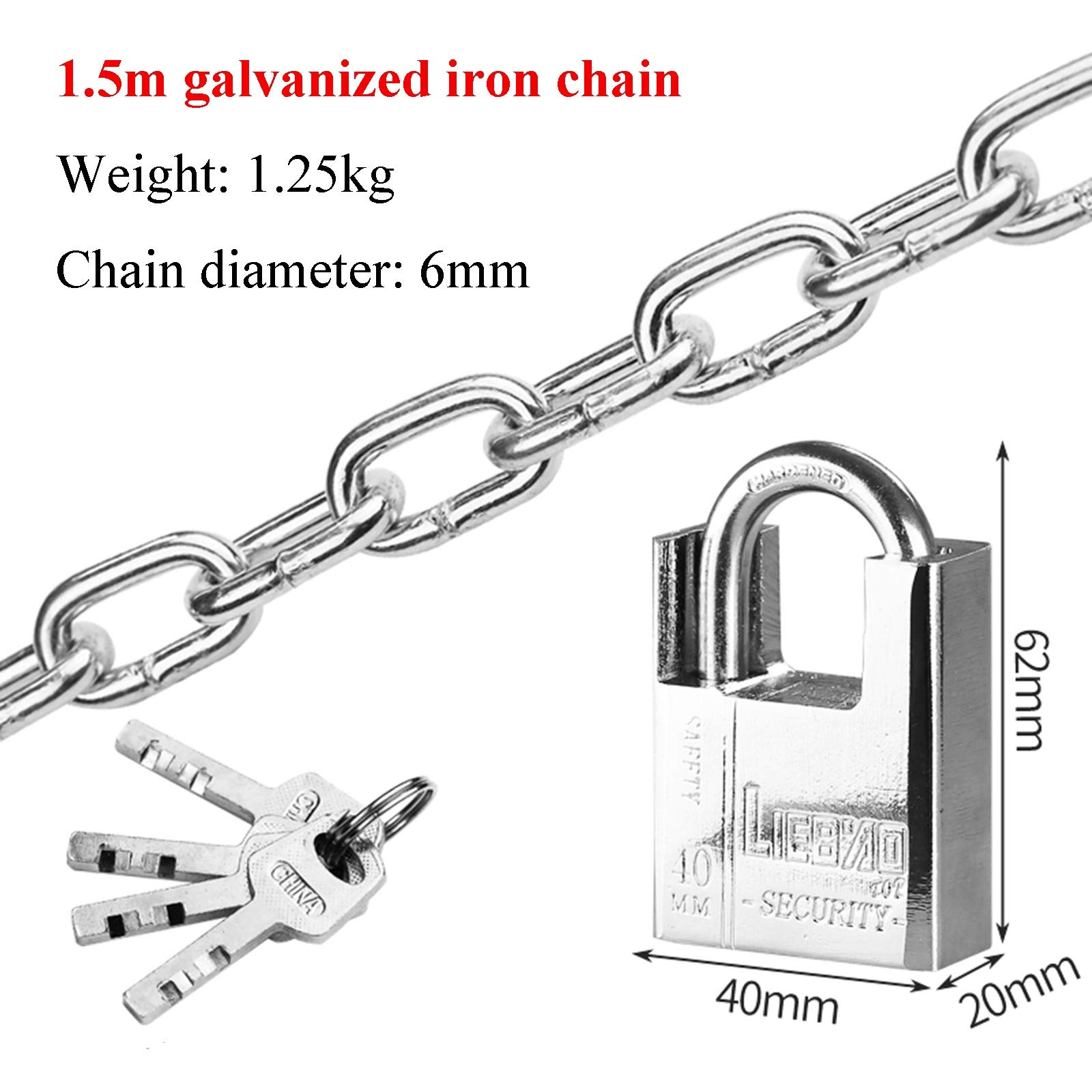 Lucchetto a chiave con catena in acciaio da 1,5 m, lucchetto antifurto di sicurezza for uso domestico e for esterni, dimensioni del lucchetto: 40x62 mm