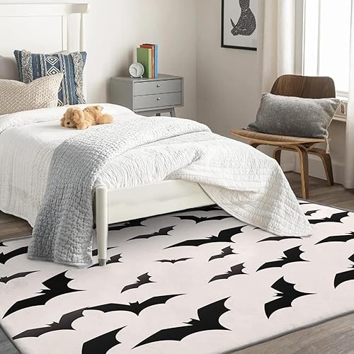 Miniatura 2 de Alfombra de murciélago de 2 x 3 pies, alfombra de Halloween en blanco y negro para entrada, sala de estar, dormitorio, alfombra temática de