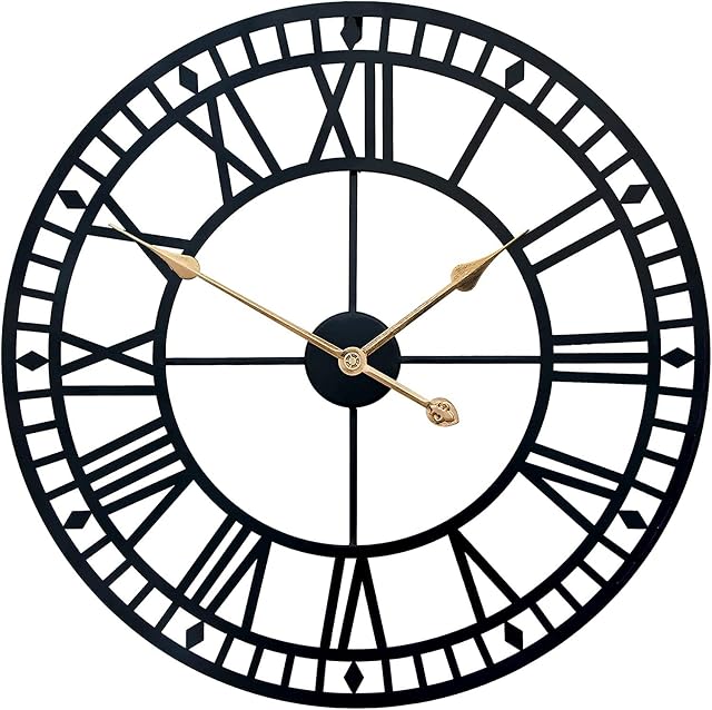 SEJU 60cm Large Metal Skeleton Wall Clock with Roman Numerals - Silent Non-ticking Decorative Clock for Living Room Cafe Loft Hotel Bar Office Bedroom Kitchen (Black)