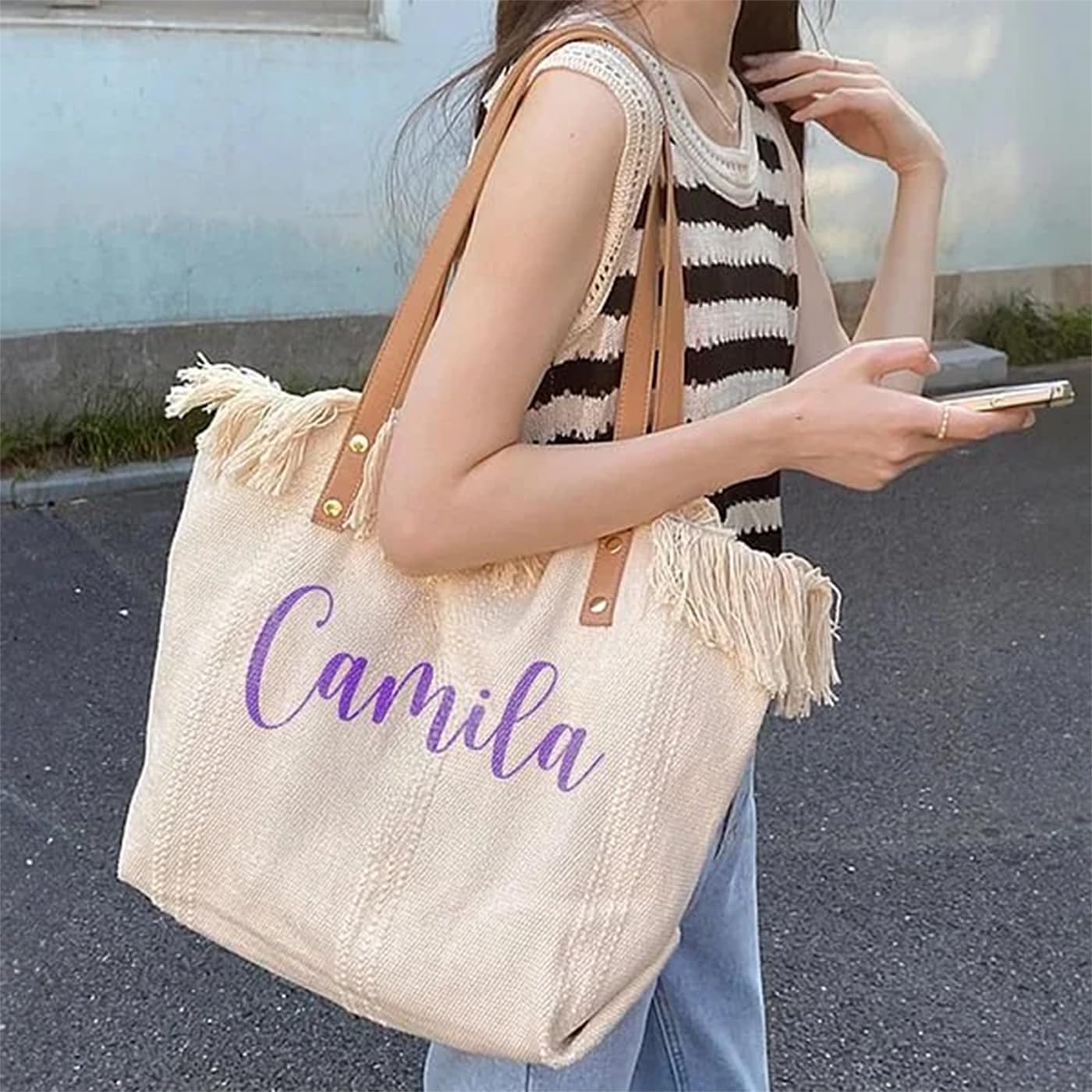 Borsa tote per damigella d'onore con ricamo personalizzato, borse di tela per regali per feste nuziali, frange boho e borse da spiaggia per spose, regalo di viaggio per ragazze