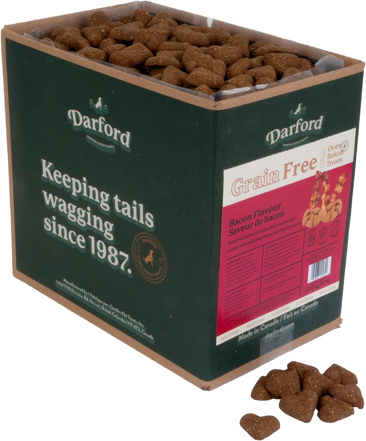 Darford Grain-Free Dog Treats – Tasty Bacon Flavor Minis – Heart-Shaped Crunchy Biscuits – No Corn, Wheat, Soy or Meat By-Products – All-Natural Ingredients – 15 lb Box – Made in Canada