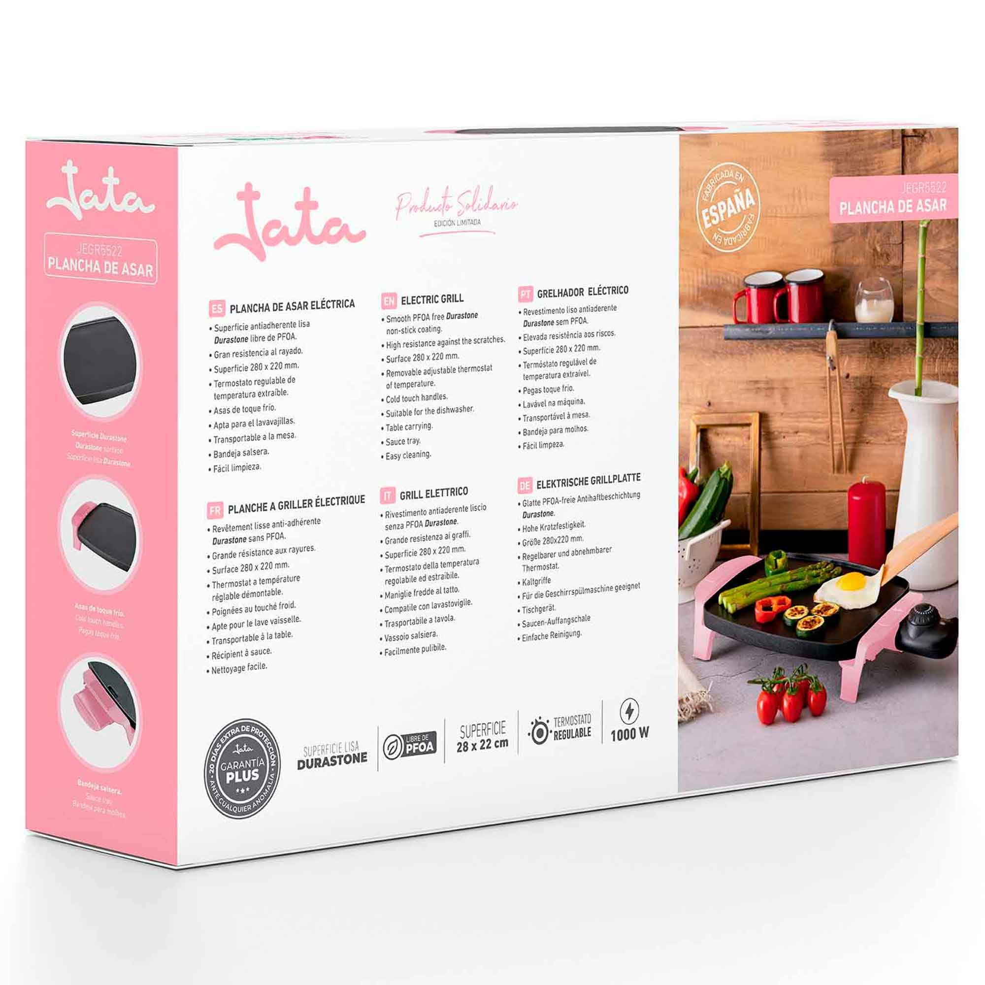 Jata JEGR5522 Plancha de Asar, Antiadherente, Resistente al rayado, 1000W, Medidas 28 x 22 cm, Fabricada en España, Fácil limpieza, Bandeja recogesalsas, Fines solidarios contra el Cáncer de Mama