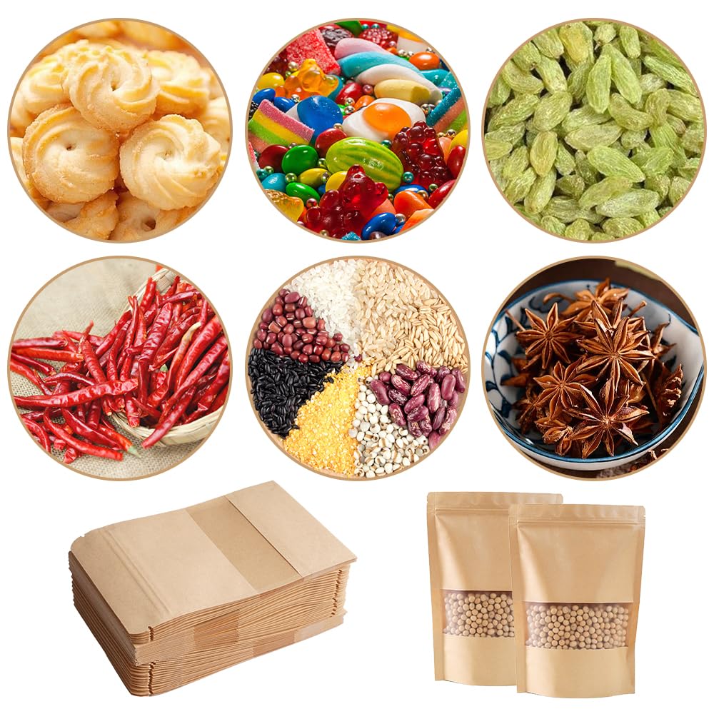 100 Pezzi 15 x 10 cm Sacchetti Carta Kraft con Finestra, Marrone Sacchetti di Carta per Alimenti, Riutilizzabile con Cerniera Imballaggi per Alimenti in Carta Kraft per Noci, Chicchi di Caffè, Tè