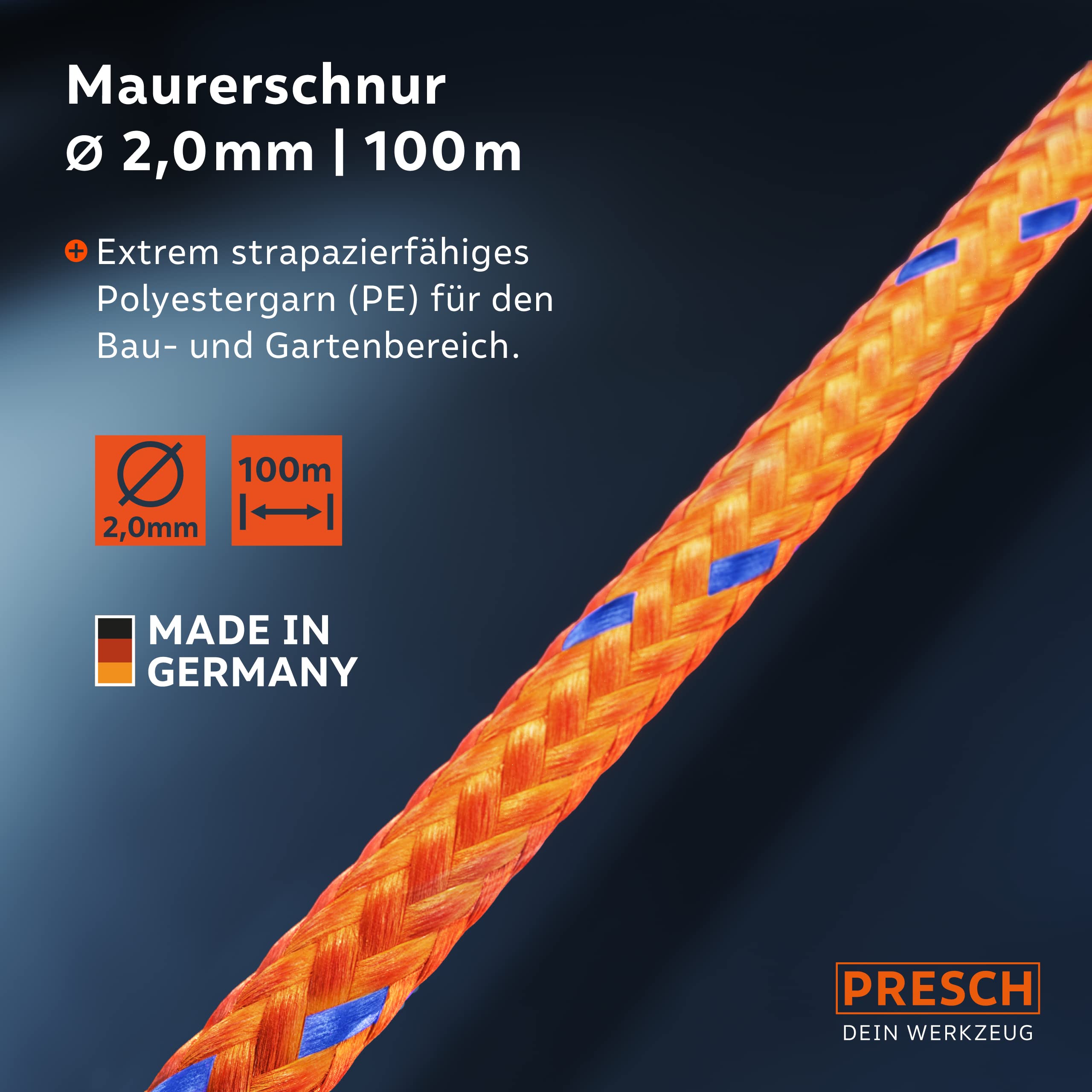 Presch Maurerschnur 100m | Ø2,0mm | Polyester | Reißfeste, witterungsbeständige Richtschnur mit Spule | Knotenfeste Bauschnur - Extrem langlebig und hochwertig