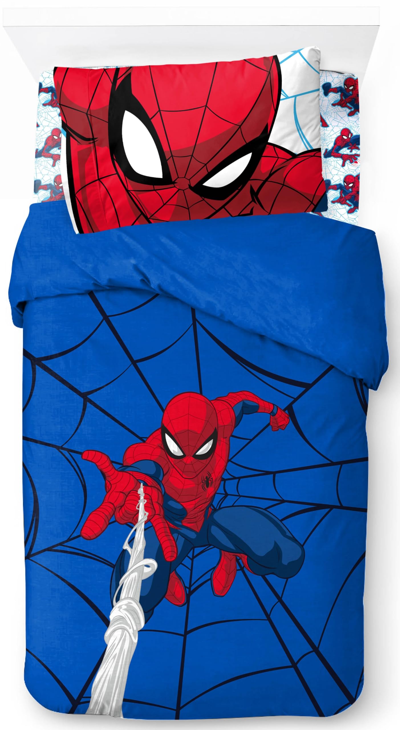 Marvel Spiderman Webtastic - Juego de cama individual de 3 piezas, 100% algodón, incluye funda de edredón, sábana bajera y funda de almohada