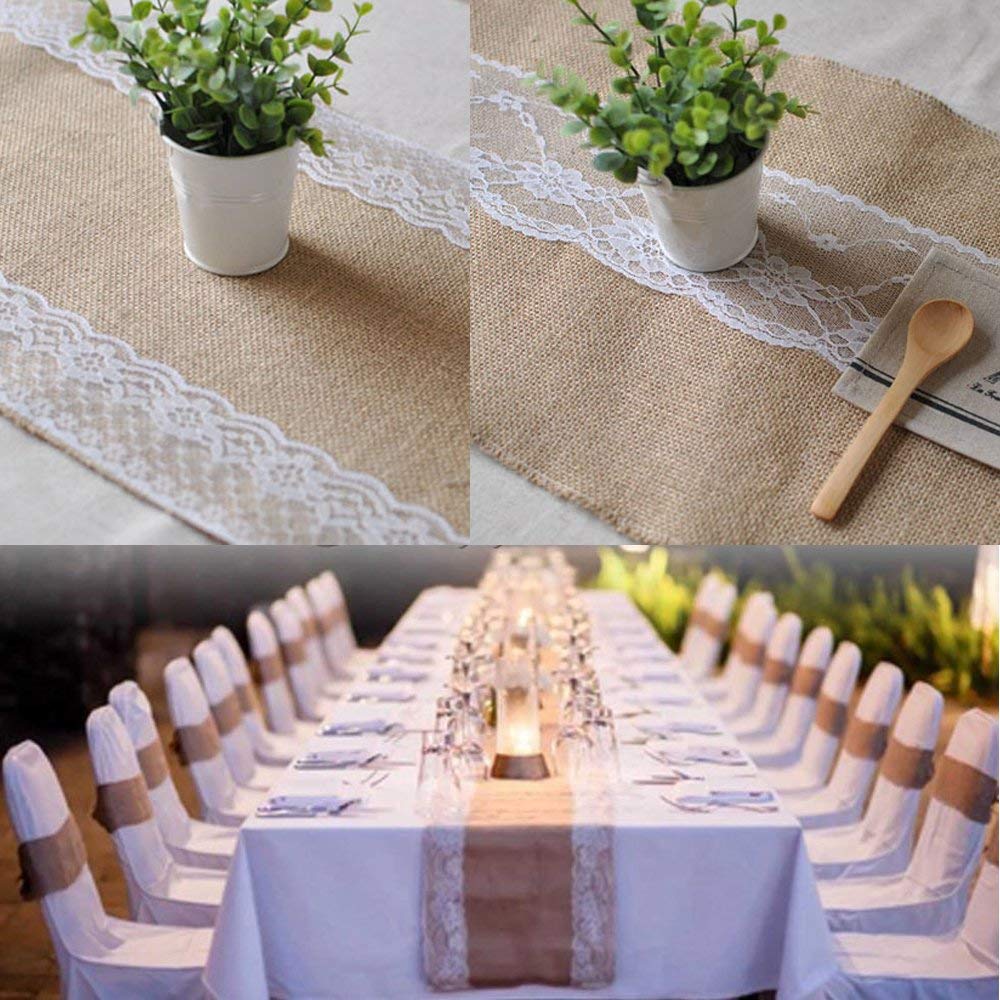 5PCS 30x275CM Jute-Tischläufer im Vintage-Look, Spitze Hessischen Tischband für Hochzeitsgeschenk Festival-Ereignis Tischdekoration Fest Party Feier Bevorzugte