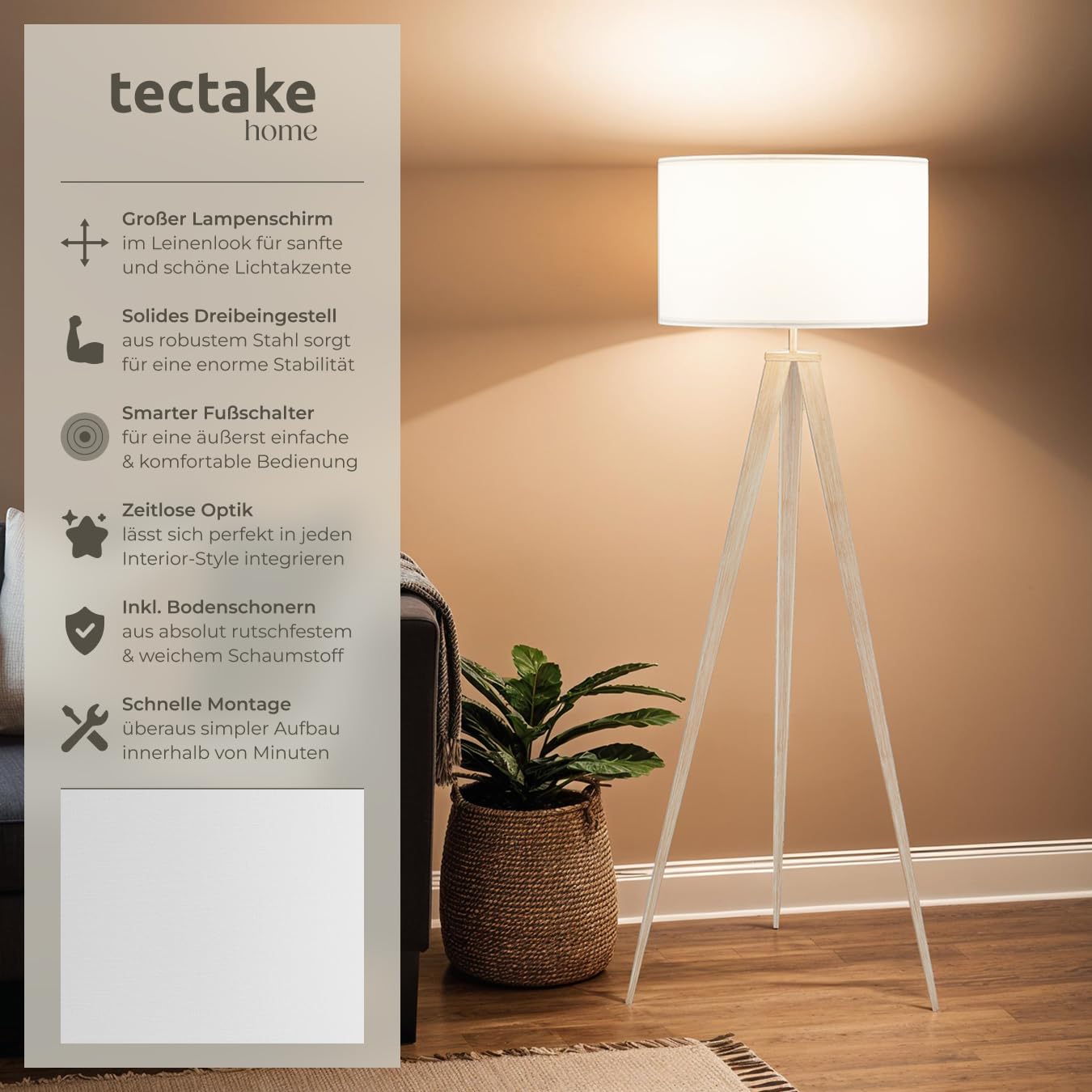 tectake® Dreibein Stehlampe, Lampe im retro boho Stil, gemütliches Ambient Light für Schlafzimmer, Wohnzimmer, als Esszimmerlampe, Lampenschirm in Leinenoptik, modern skandinavisch - eiche