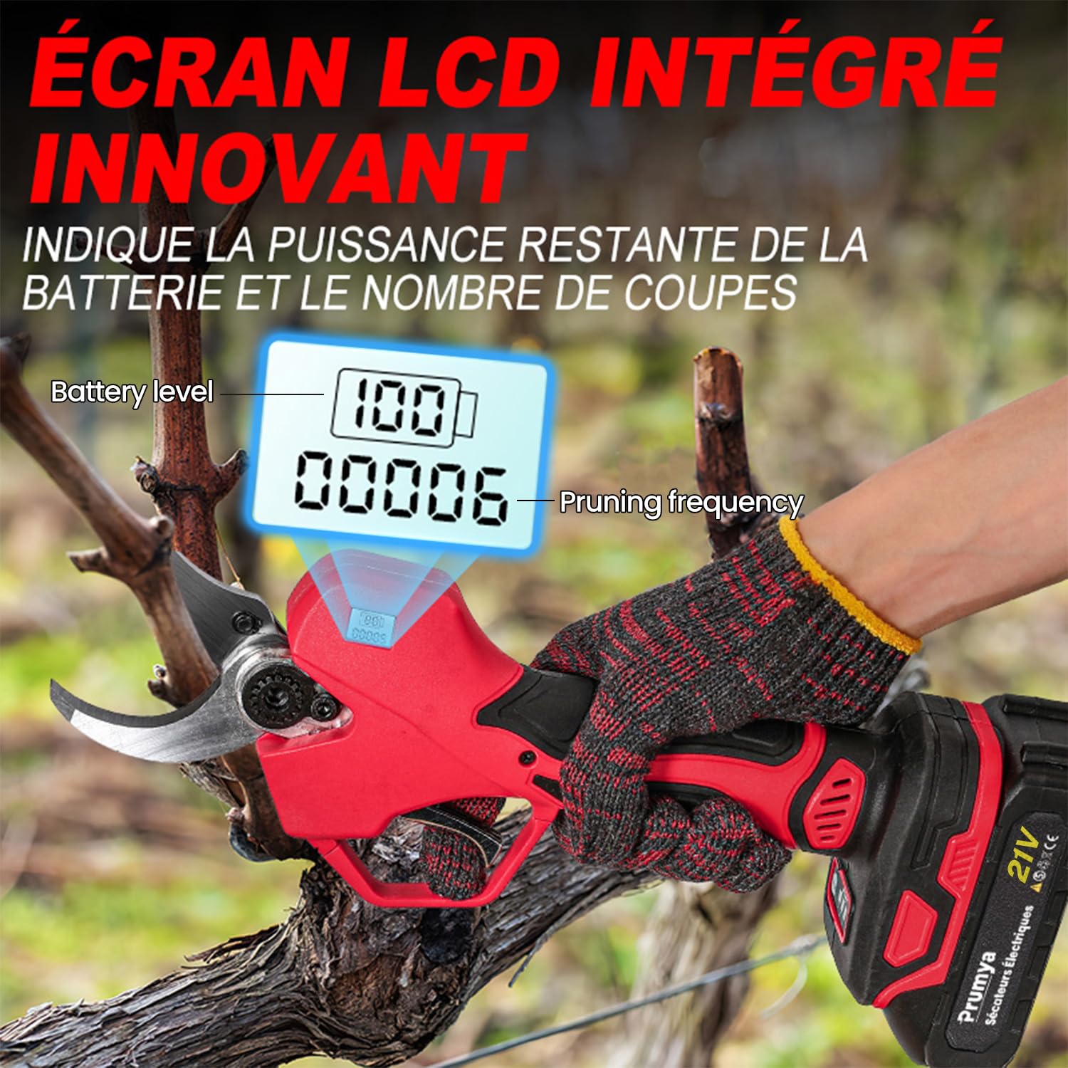 Tijeras de Podar Electricas, 50 mm Tijeras de Podar Bateria, Tijeras de Podar con 2x Baterias, LCD Display, 1000W Motor Brushless, Podadora Electrica Bateria para Árboles, Jardinería (50 mm)