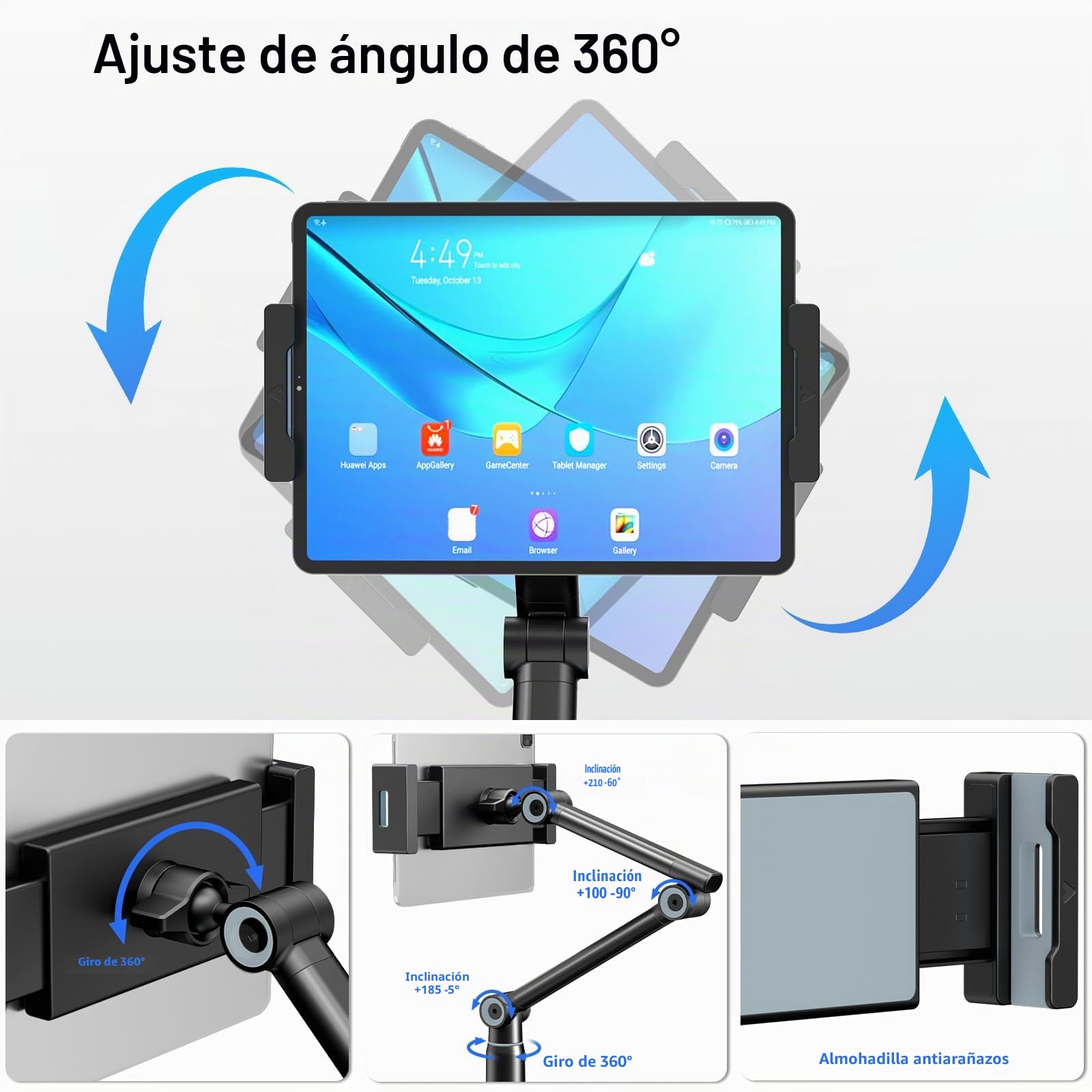Soporte de suelo para tablet – Soporte universal para tablet con base resistente para teléfono móvil de 4,7 – 12,9 pulgadas, altura ajustable y giratorio 360 grados
