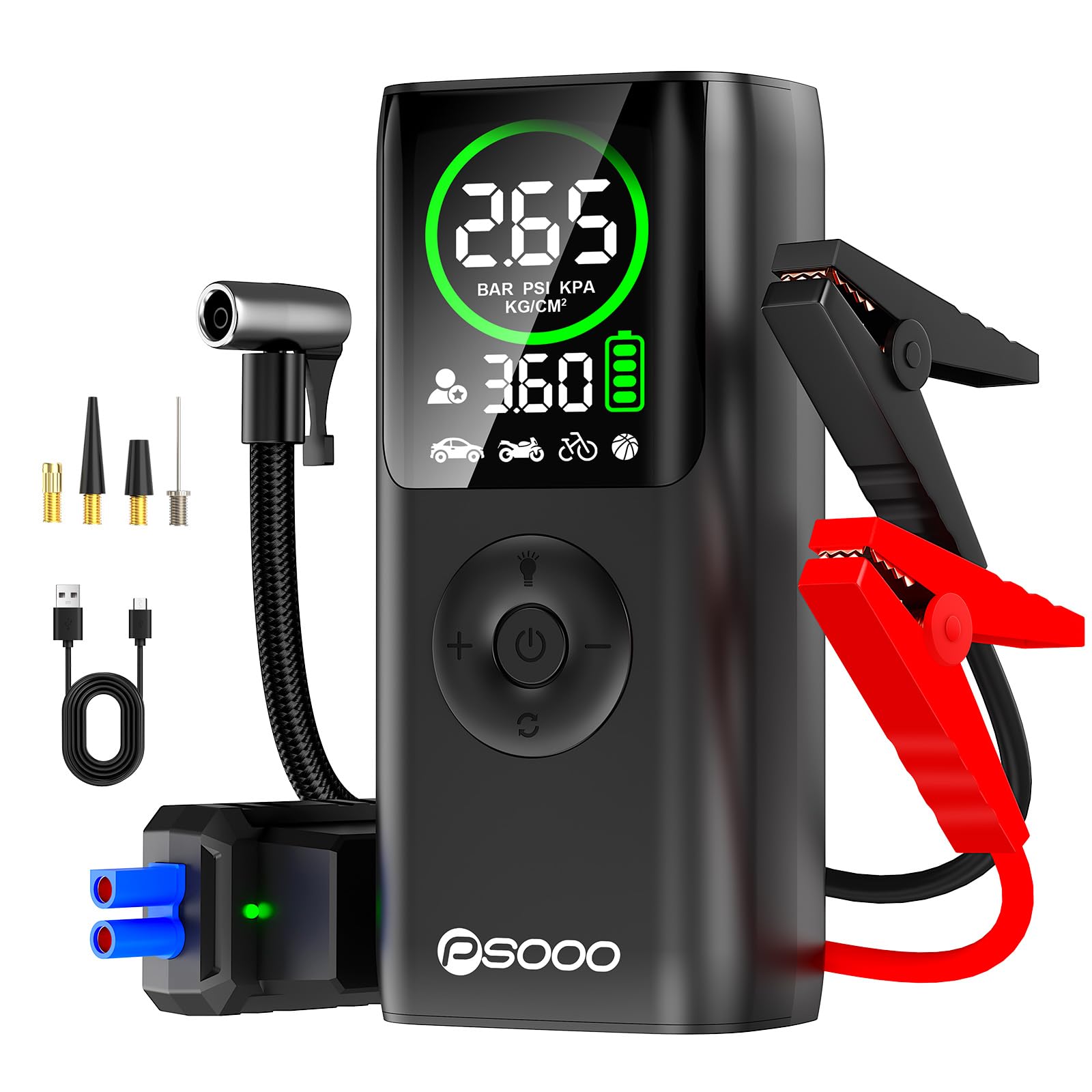 Jump Starter with Air Compressor, 8000A Car Battery Jumper Starter with 150 PSI Tire Inflator Portable, LED Display for 12L Diesel All Cars Engines, Jumper Cables and Light