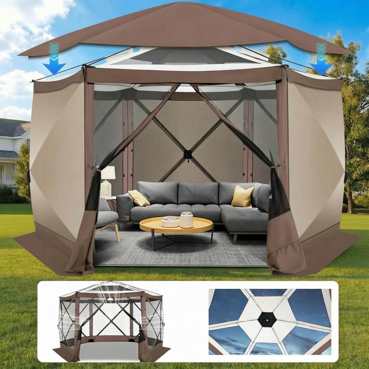 COBIZI 12x12FT Pop Up Gazebo Screen Tent Screen House for Camping, Screen Room with Mosquito Netting, Hub Tent Instant Screened Canopy with Carrying Bag and Ground Stakes, Brown