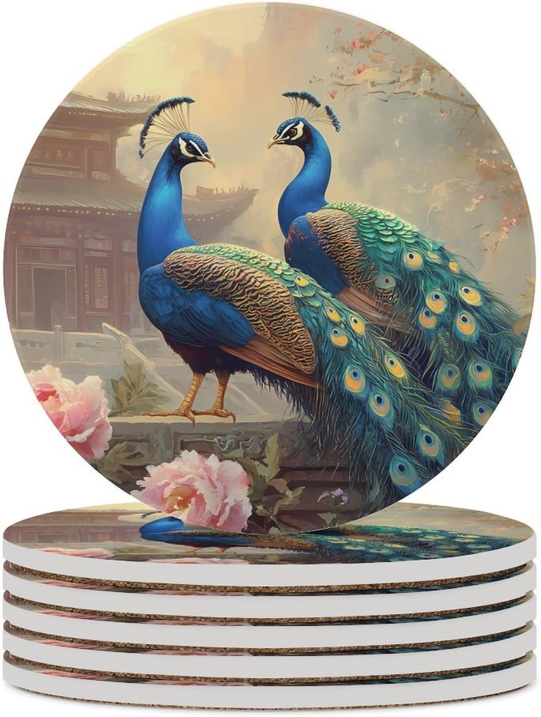 Peacocks Palace Round Ceramic Coasters for Drinks Absorbent Cup Holder Tabletop Protector with Cork Base