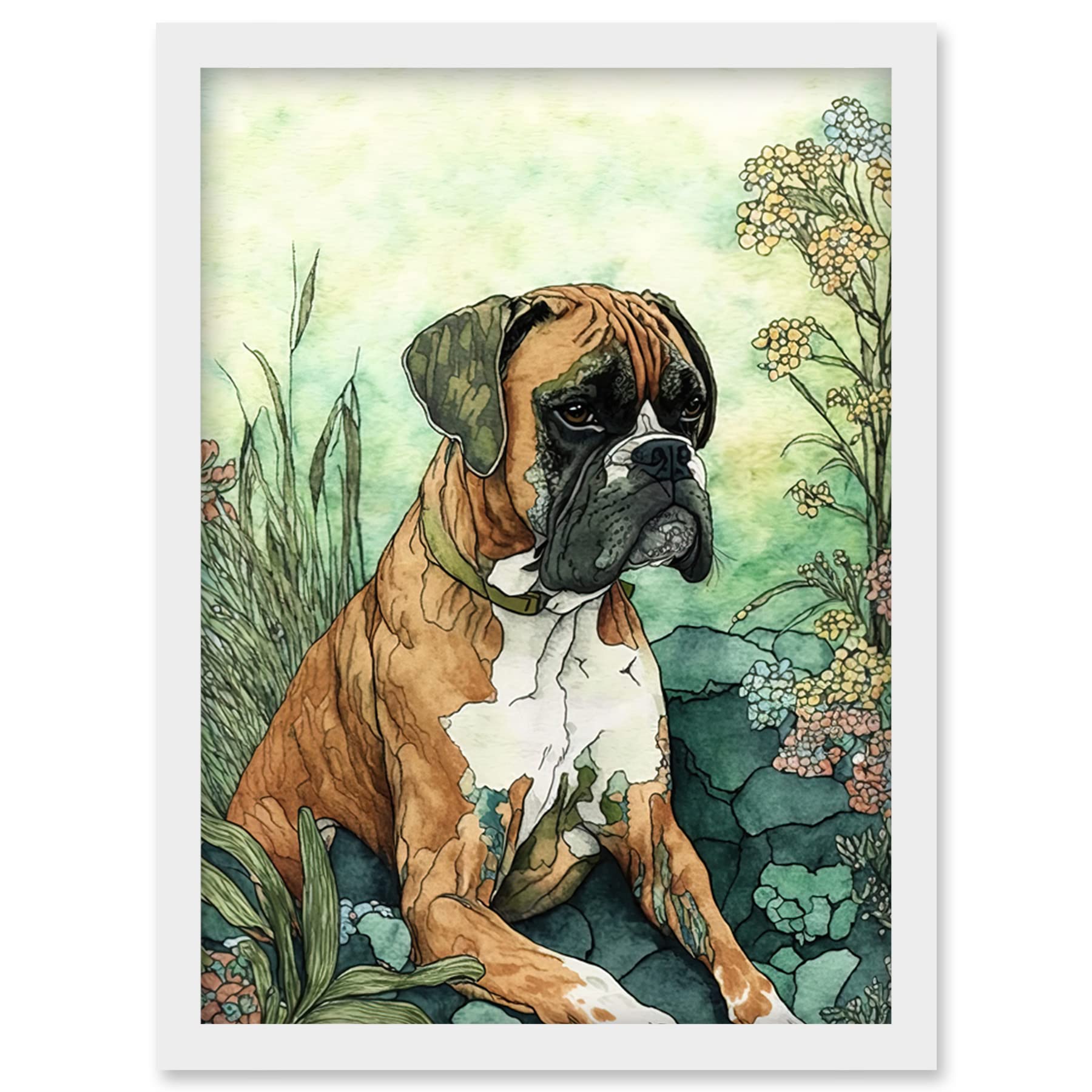 Artery8 Boxer Dog in Flower Field Colourful Watercolour Illustration Artwork Framed Wall Art Print A4
