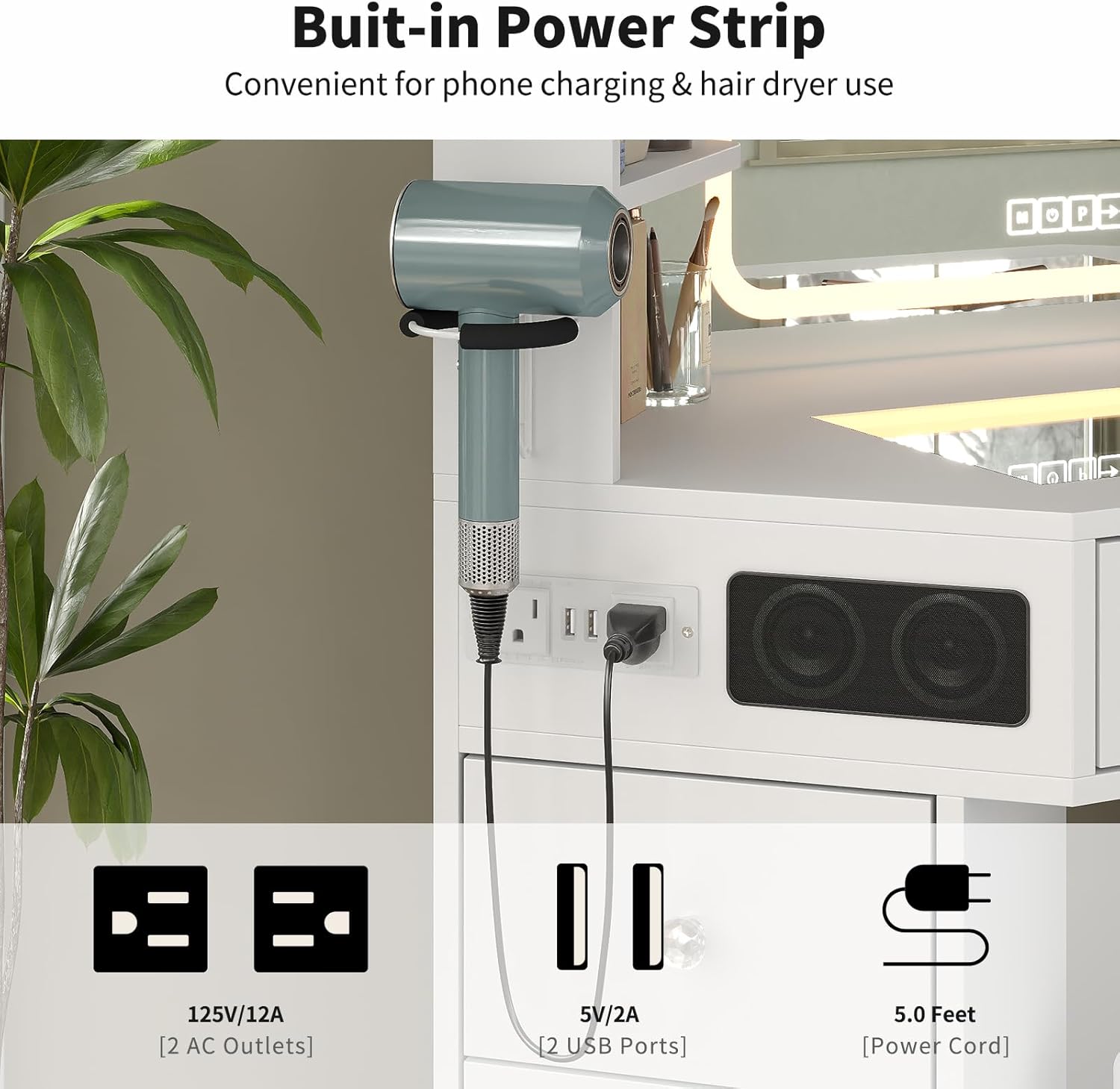 Built-in power strip with AC outlets and USB ports