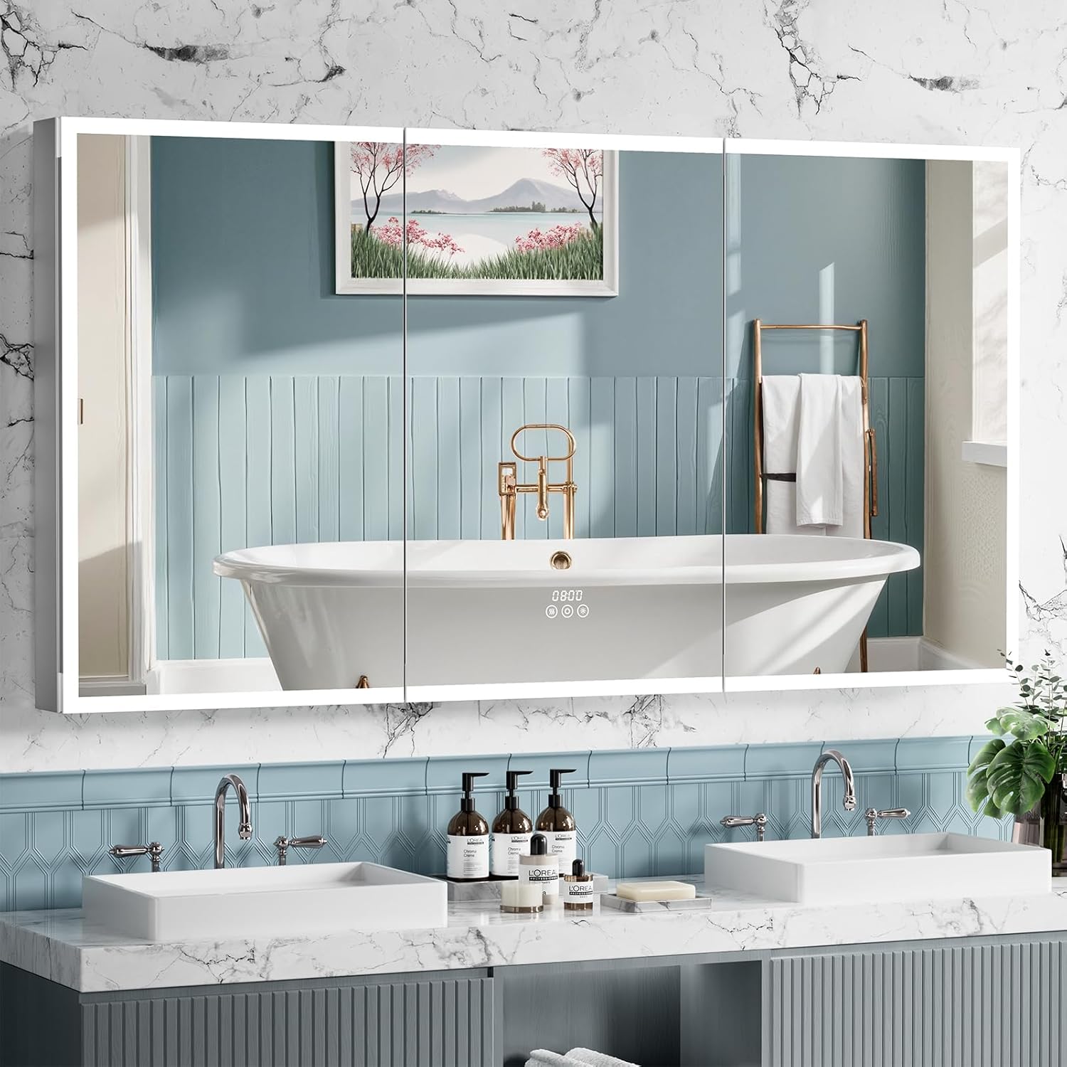 Medicine Cabinet with Lights, 60x32 Inch LED Mirror with 3 Color Lighted, Dimmable, Defogger, Clock & Temp, Surface or Recessed