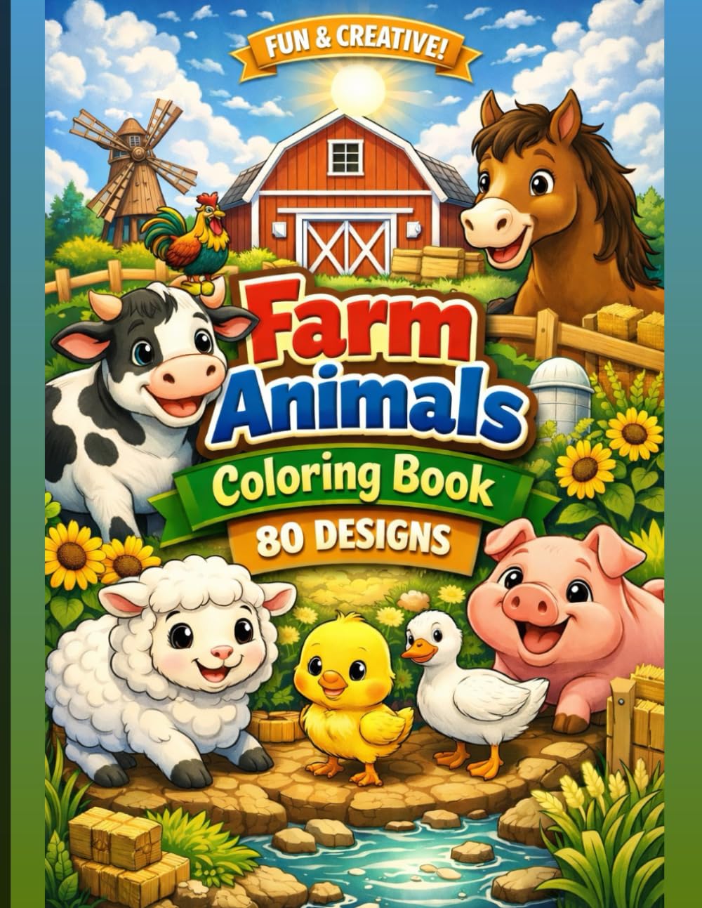 Farm Animals Coloring Book: 80 Fun, Easy & Cute Designs for Kids: Perfect Activity Book for Kids, Toddlers & Preschoolers — Over 80 Simple Outlines of ... Friends, and Cute Creatures to Color & Learn