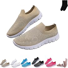 Womens Mesh Rhinestone Glitter Slip On Orthopedic Sneakers, Ladies Loafers Summer Casual Lightweight and Comfortable Flats Shoes, Breathable Non-Slip Sparkly Walking Shoes Dressy
