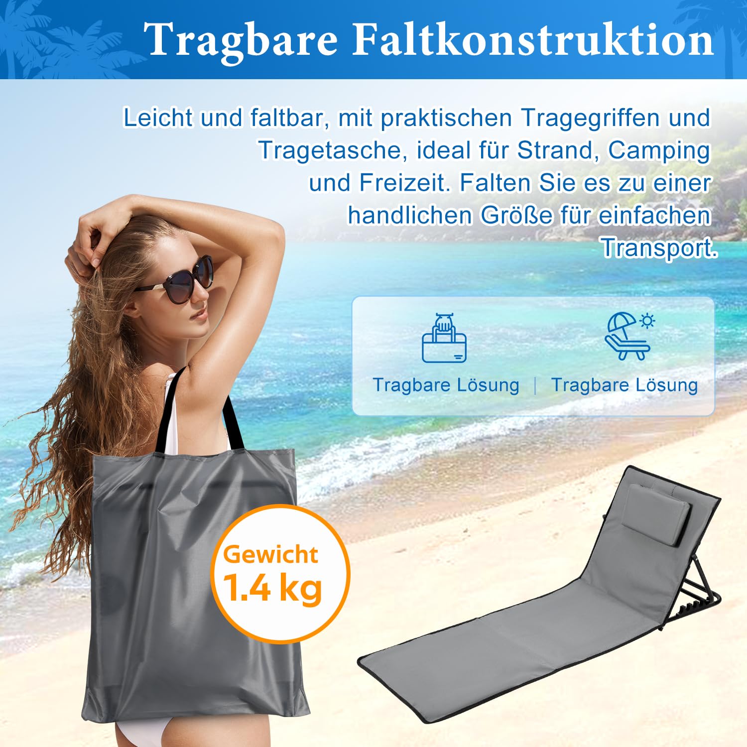 Ikodm Mata plażowa, 2 x mata plażowa, składana, z 5-stopniową regulacją oparcia, przenośna, łącznie z torbą do noszenia, mata plażowa na urlop, do ogrodu, na kemping – szara