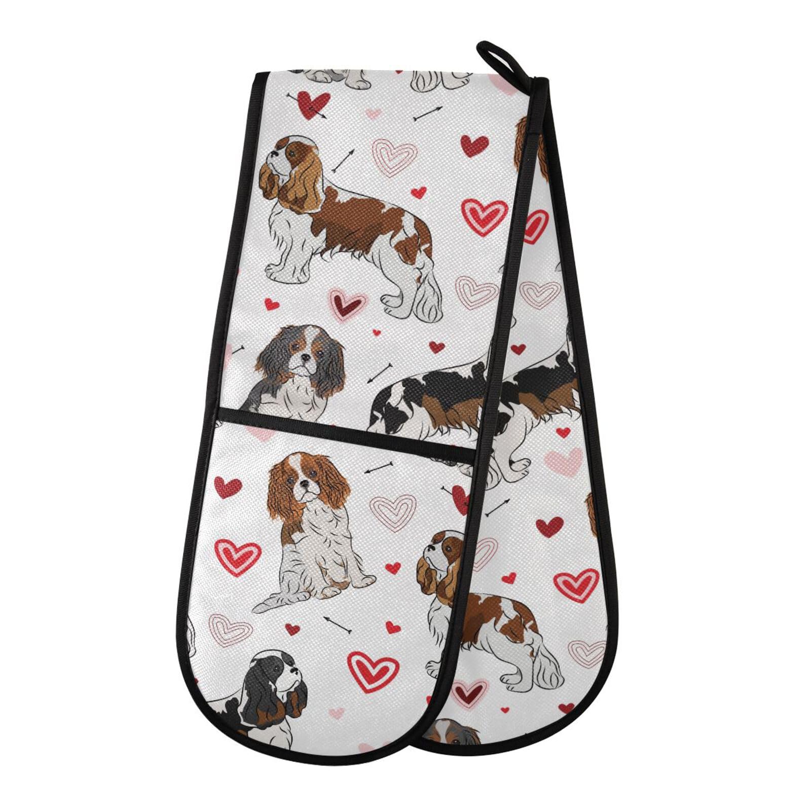 Double Oven Gloves Cavalier King Charles Dog Heart Heat Resistant Pot Holder Oven Mitt Gloves for BBQ Cooking Baking Grilling Microwave