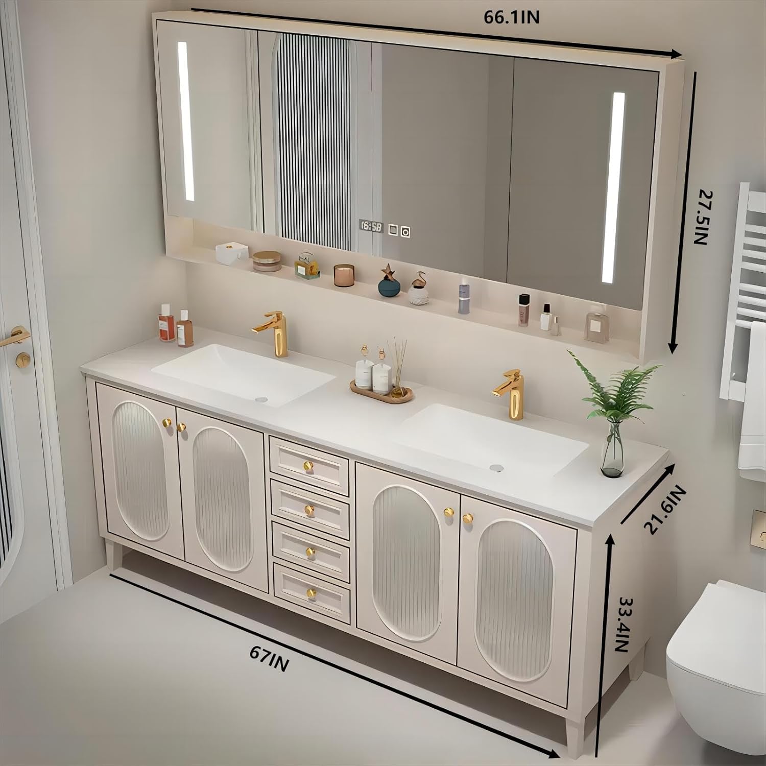 55IN Double Sink Vanity 4 Drawers 4 Doors Floor Standing Bathroom Vanity with Smart Touch Mirror Cabinet (67IN)