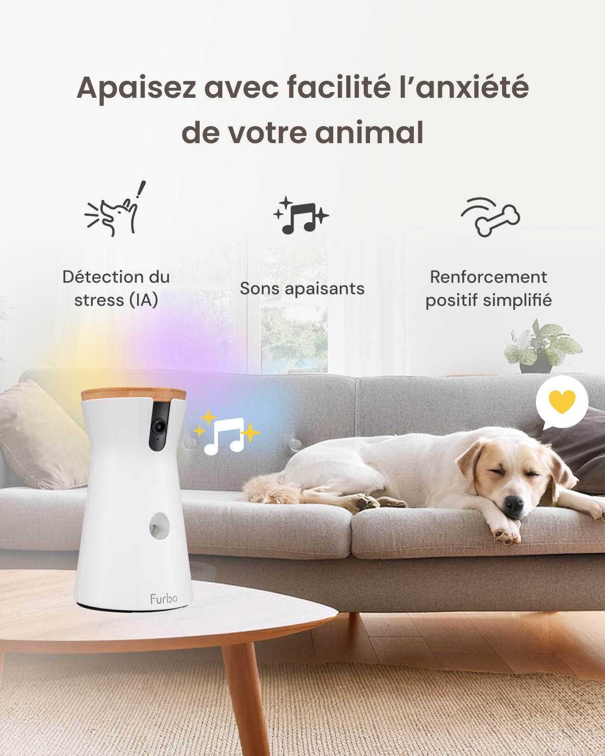 Furbo Caméra pour Chien 360° HD Intelligente avec Vision Nocturne, Suivi Auto, Lancer de Friandises, Alerte Aboiement