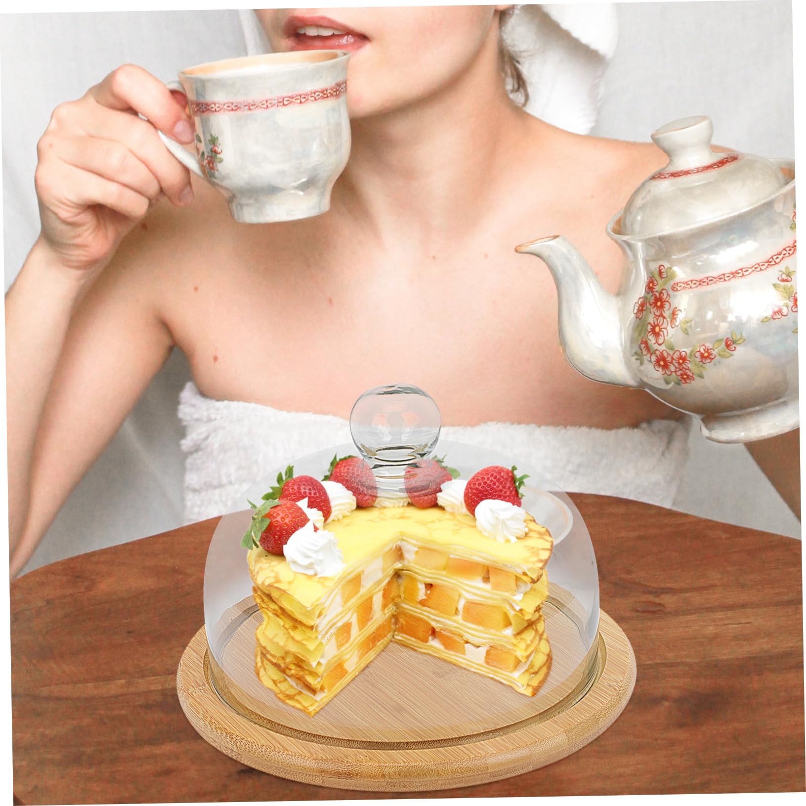 Copertura per Torta in Vetro con Base in Legno, Riutilizzabile e Facile da Pulire, per Feste e Matrimoni, Raffinata per Dessert e Dolci