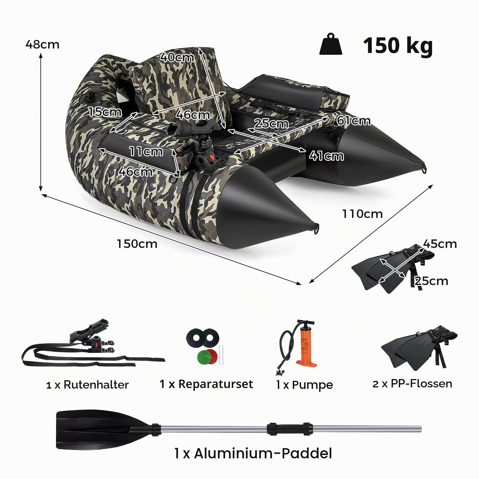 HOMASIS Aufblasbares Angelboot in V-Form, aufblasbares Schwimmerrohr mit Rutenhalter, Aufbewahrung von Ausrüstung, Angelboot mit Fliegen, Rudern und Pumpe für Angeln, 150 x 110 x 48 cm, Camouflage