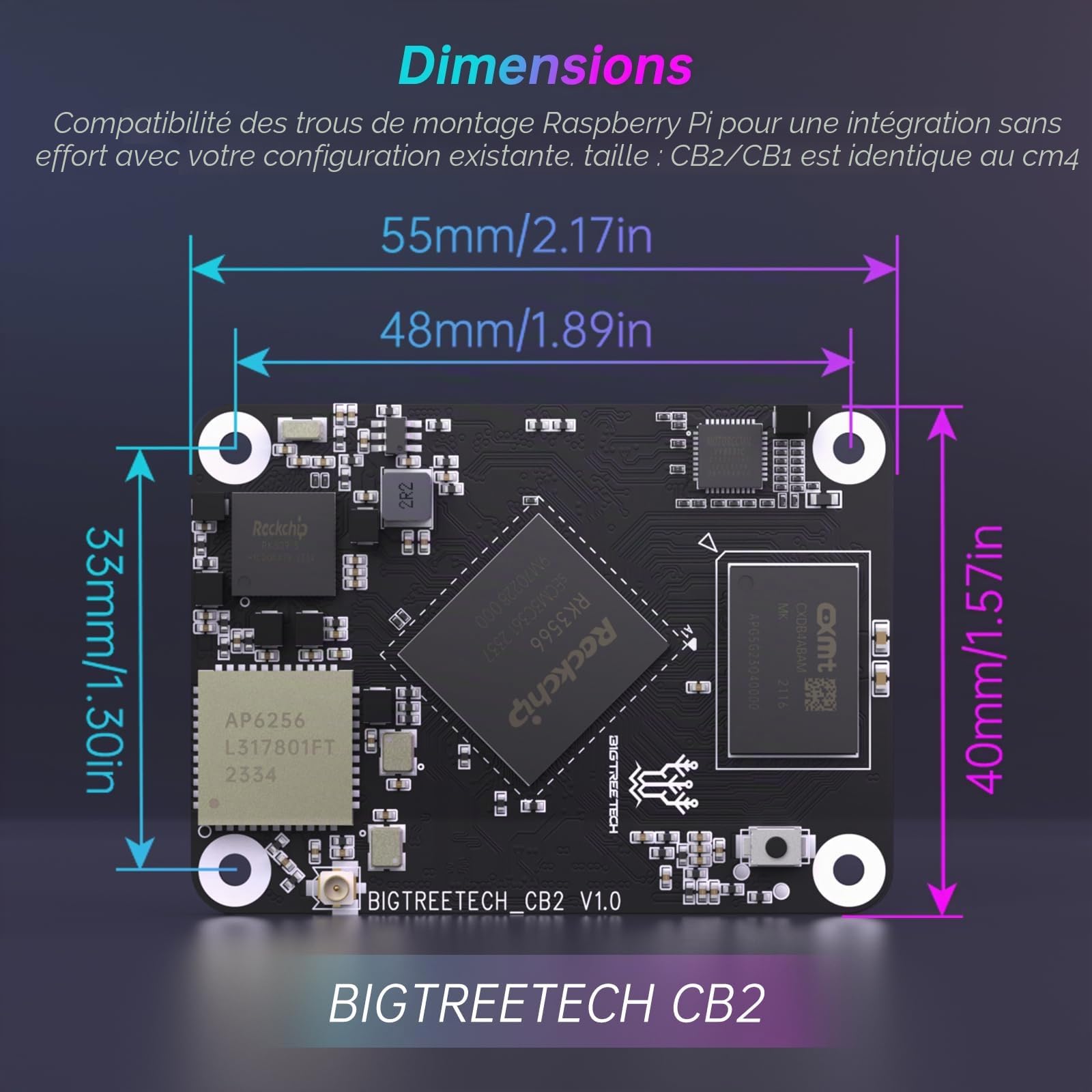 BIGTREETECH CB2 Carte de Contrôle de Base 2GB LPDDR4+32GB Stockage eMMC Mise à Niveau sur BTT CB1 Support DSI/CSI Port Run Klipper Compatible avec Raspberry-Pi 3B/4B Série Manta Pi4B Pad 7