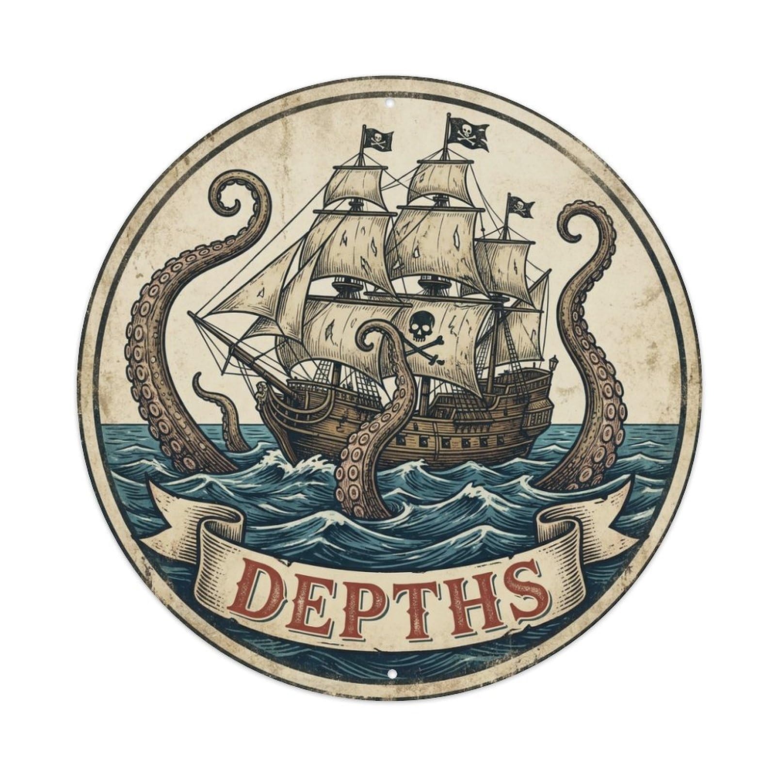 Depths Pirate Ship Octopus Waves Black Flag Metal Tin Sign